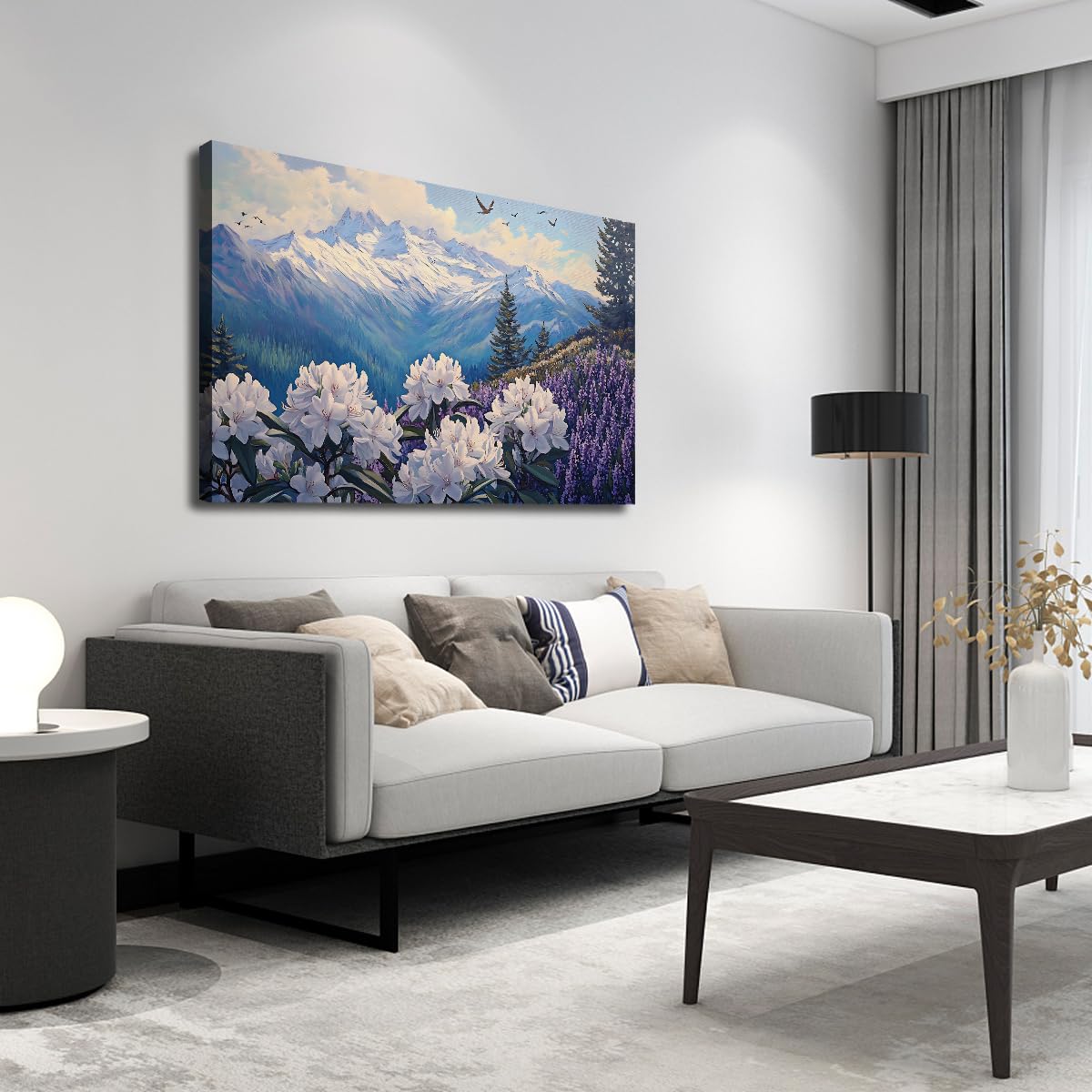 YUNART Mountain Wall Art Canvas Pictures Natural Landscape For Living Room Forest Tree Flowers Paintings For Bedroom Home Decor 65x100cm Inner Frame