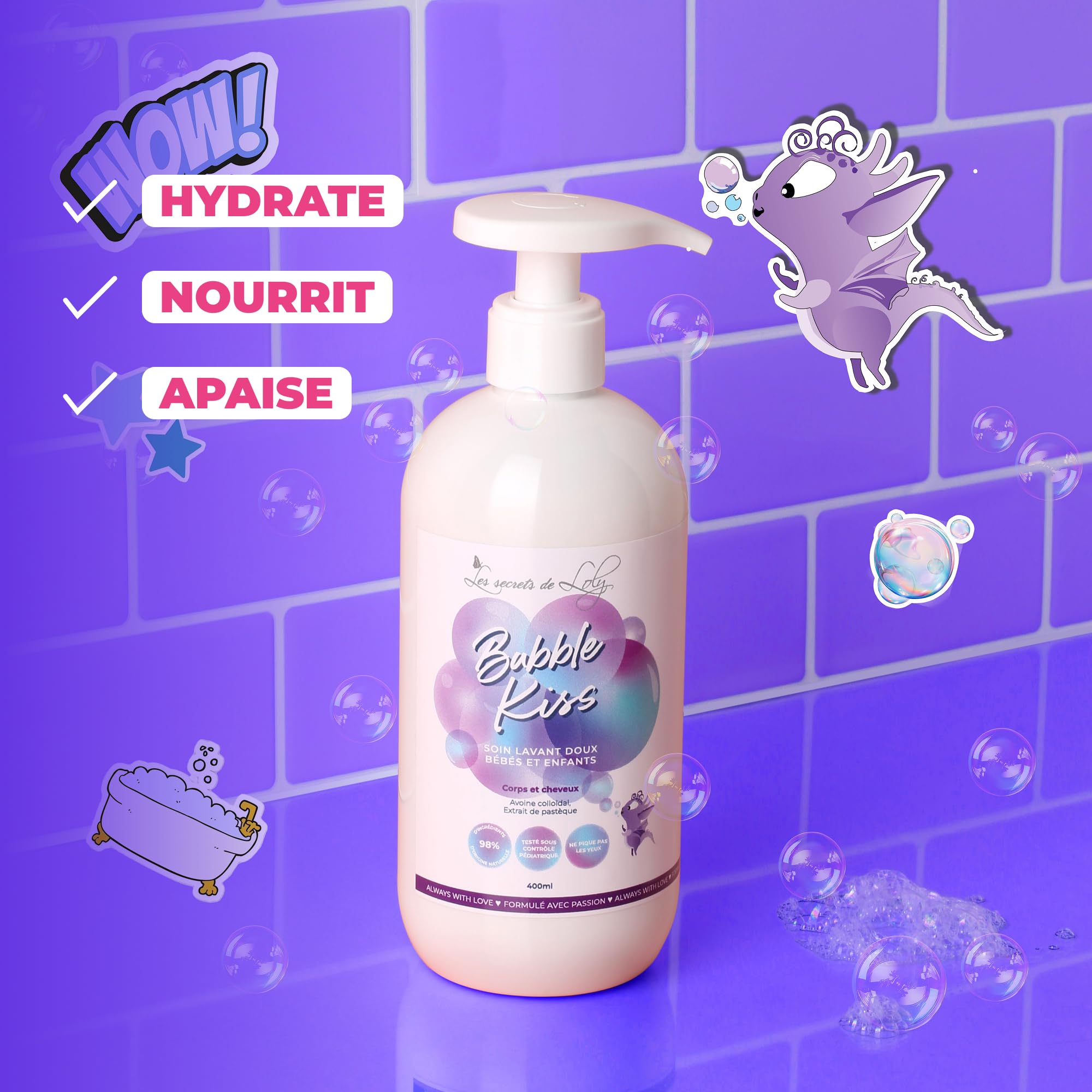Les Secrets de Loly – Bubble Kiss – Soin lavant bébé 2-en-1 corps & cheveux Ultra-doux – Peaux sensibles & cheveux texturés (dès la naissance) – 98% d'origine naturelle – 400 ml