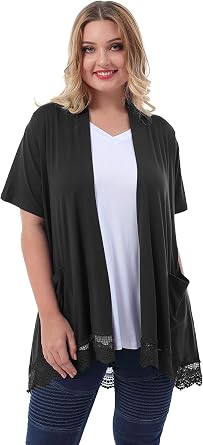 ZERDOCEAN Womens Plus Size Short Sleeve Lace Trim Lightweight Printed Drape Cardigan with Pockets