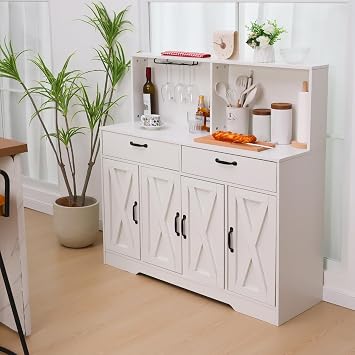Sideboard Buffet Cabinet with Storage - 47'' Farmhouse Coffee Bar Cabinet, Kitchen Pantry Storage Cabinet with Doors and Shelves for Dining Room, Living Room, Kitchen (White)