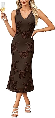 OFEEFAN Summer Wedding Guest Dresses for Women V Neck Sleeveless Floral Bodycon Cocktail Midi Formal Party Dress