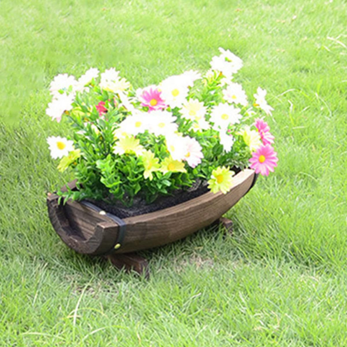 Tofficu Rustikaler Blumentopf Halbes Fass mit Sockel Vielseitig Verwendbar für Garten und Dekoration in Kaffee Farbe für Sukkulenten und Pflanzen
