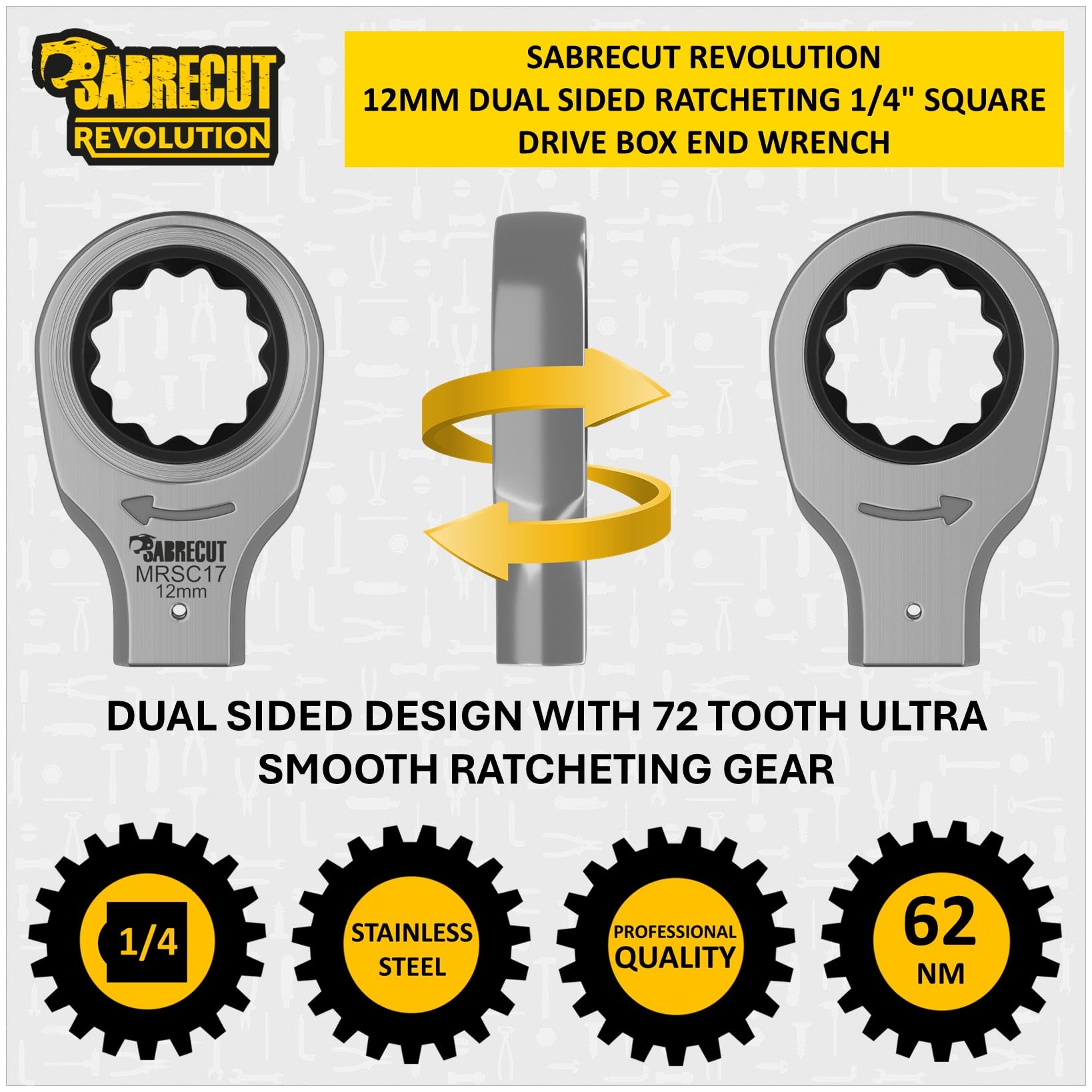 SabreCut 1 x MRSC17 12mm Dual Sided Ratcheting Wrench 1/4" Square Drive 72 Tooth Precision Gear 62Nm High Torque Ratchet Professional Stainless Steel Compact Tool Attachment - Image 3