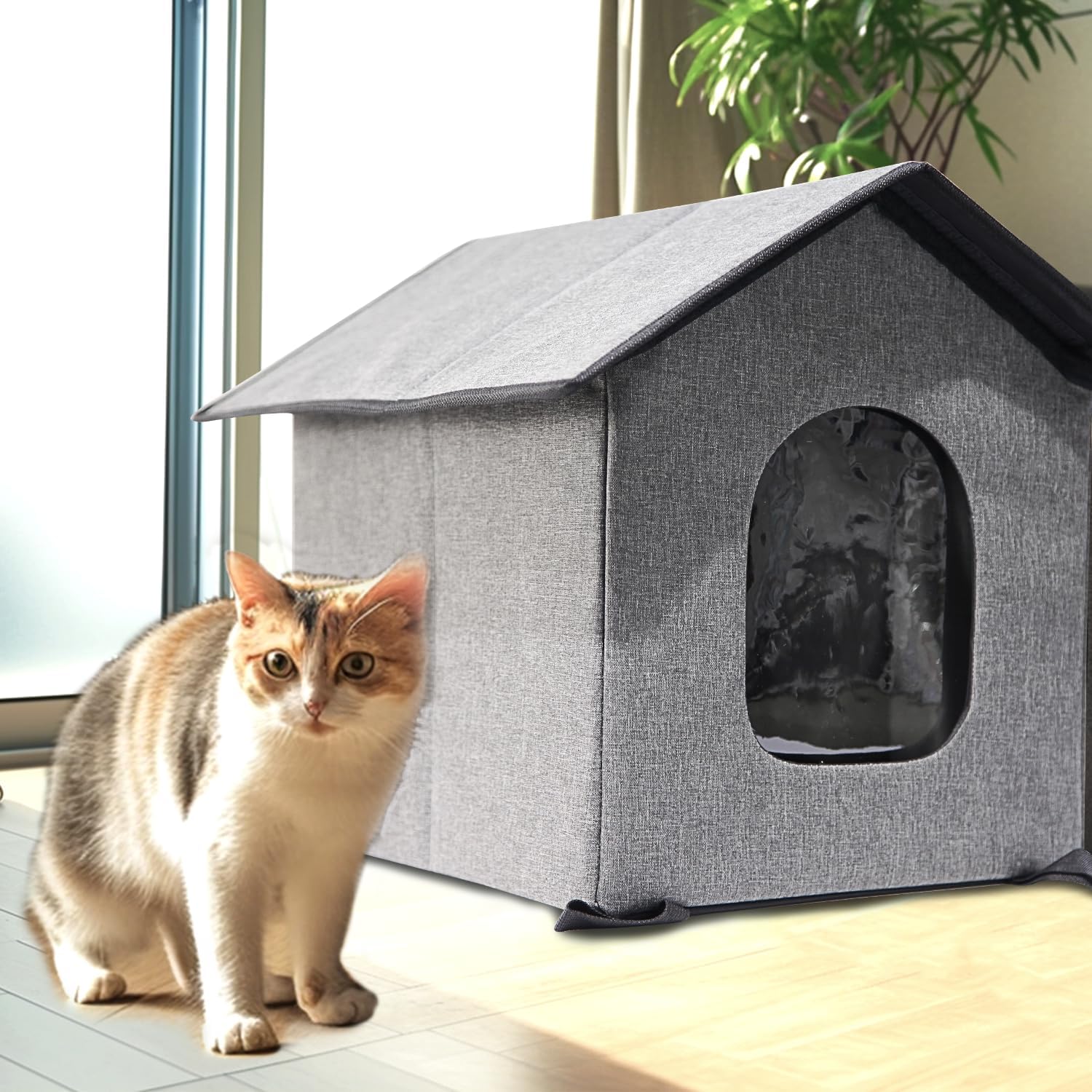 Heated Cat House for Outside-Waterproof & Windproof Outdoor Cat Shelter with Removable Heating Pad & LED Lights for All Seasons(Gray, 12"x15")