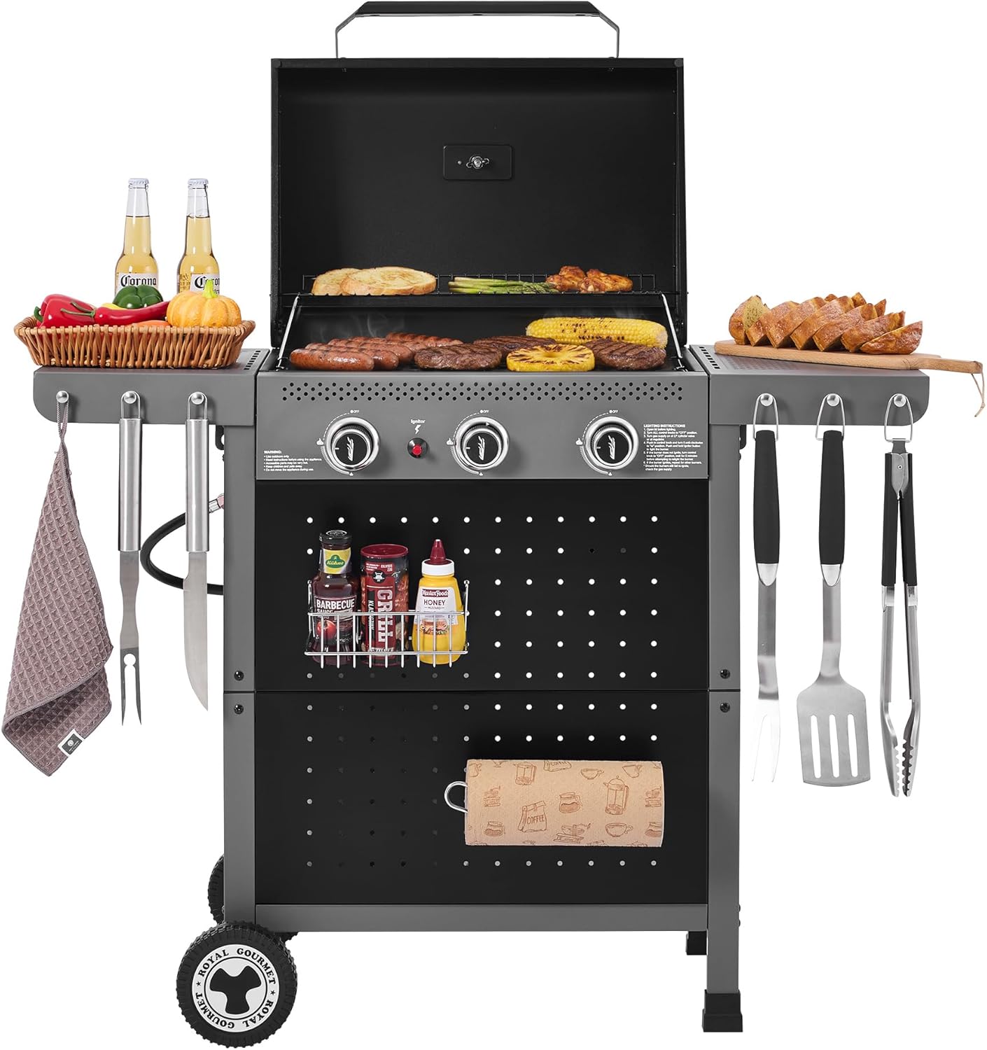 Royal Gourmet GL3001 3-Burner Gas Grill with Pegboard, 420 Sq. In. Cooking Area, 19,500 BTU, Foldable Side Shelves with Hooks, Two Large Wheels, Ideal for Backyard and Patio, Black & Cool Gray