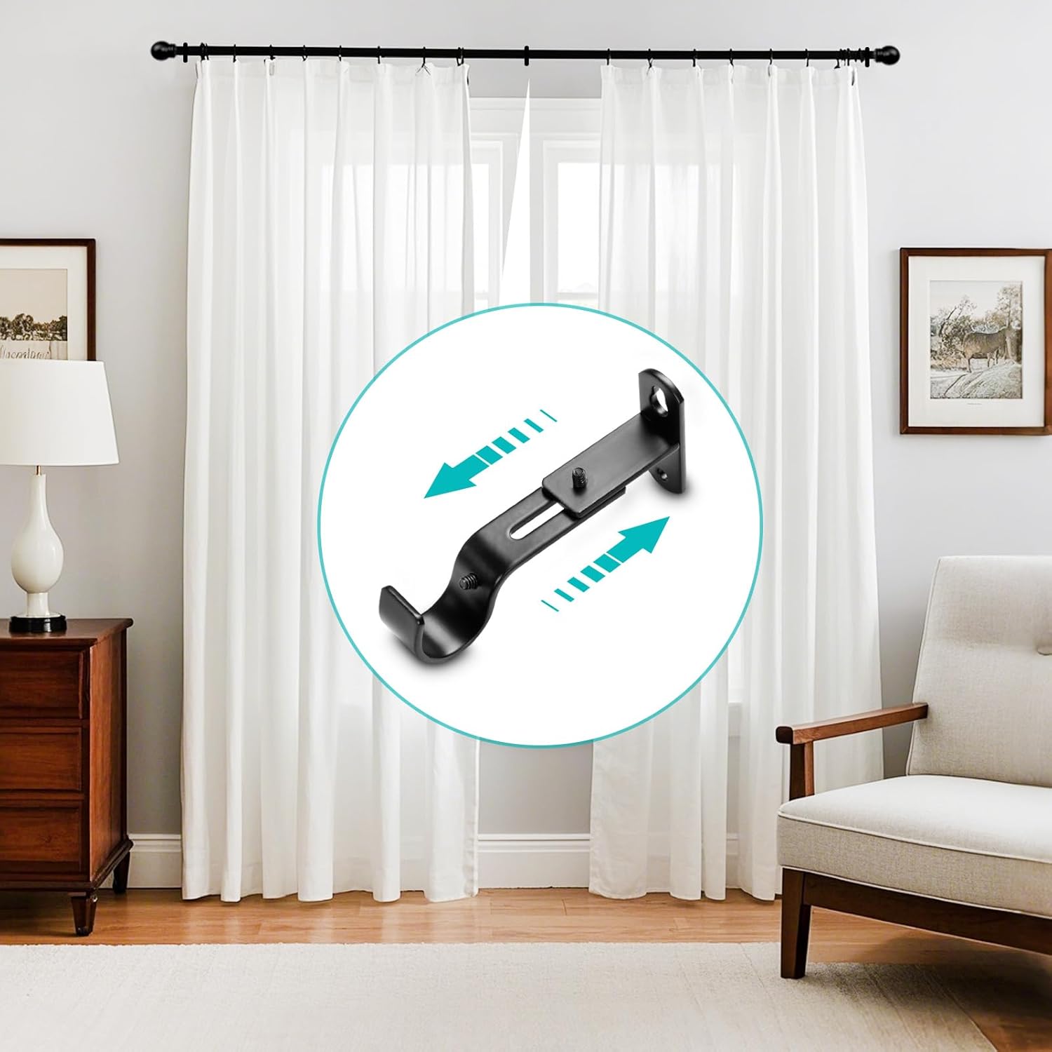 Adjustable Curtain Rod Brackets, Metal Window Drapery Rod Hanger Holders Hooks for 1 inch Rods (Black, Set of 3)