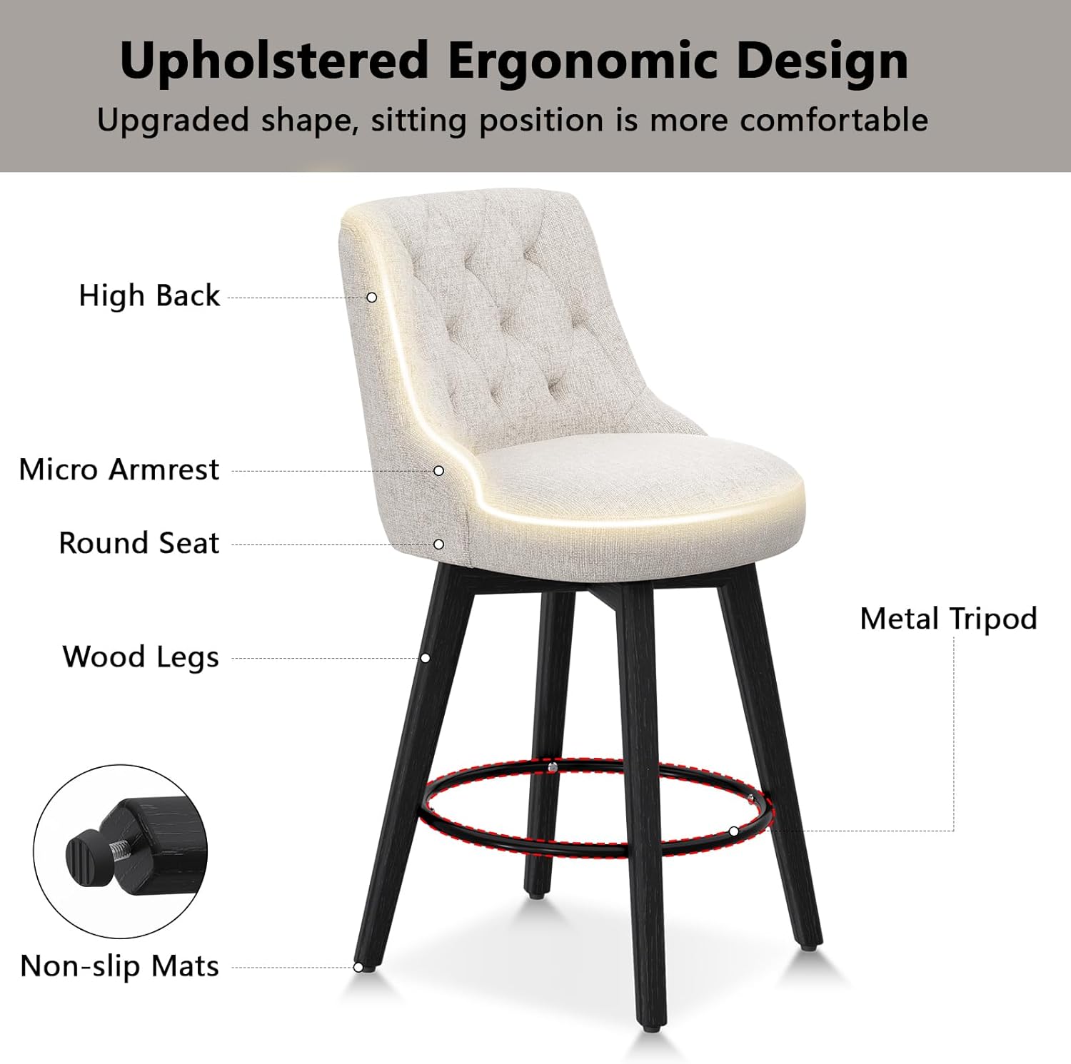 Vipbear Modern 26 Inch Bar Stools Set of 4, Swivel Height Counter Stools with High Back, Dark Beige Upholstered Barstool, Bar Chair with High Back, Wood Legs for Bar, Dining Room, Kitchen Island