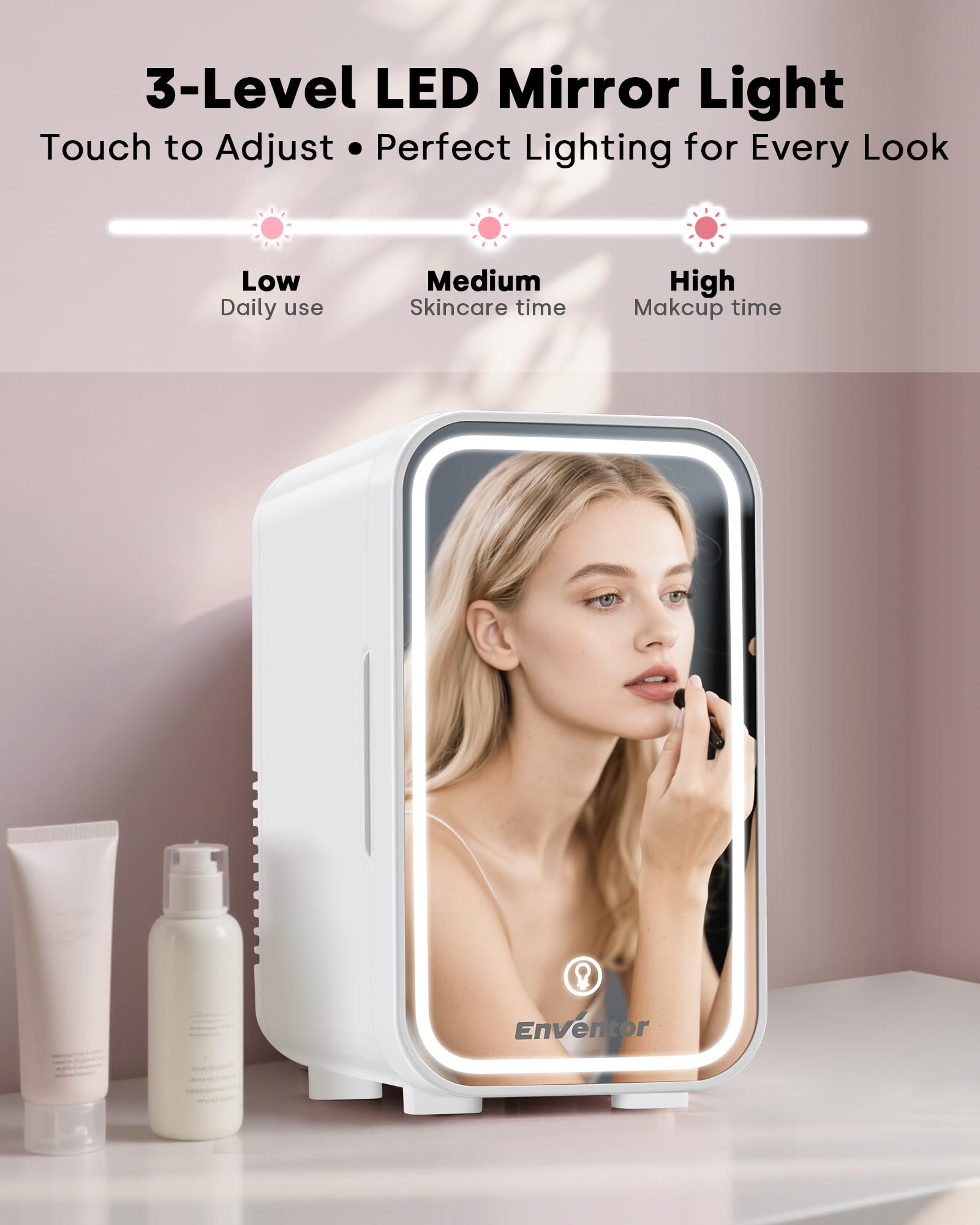 Enventor Mini Fridge 6L/ 8 Can, Skincare Fridge With Dimmable LED Light Mirror, AC+12V DC Power Cooler & Warmer for Bedrooms, Home, Car/Cosmetics, Skin Care and Food, White — view 2