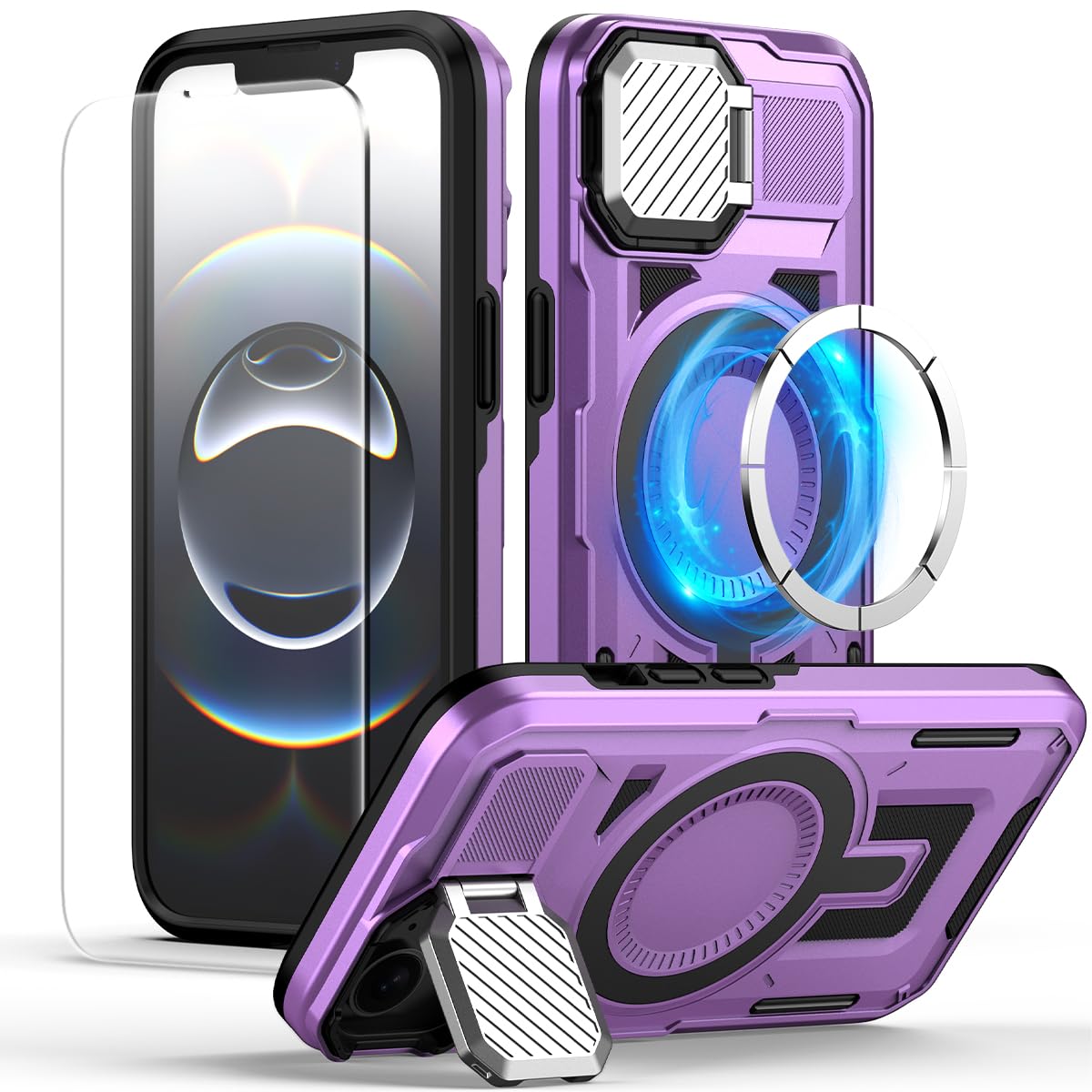 MMHUO for iPhone 16e Case with Adjustable Camera Cover Stand & Screen Protector,[Compatible with MagSafe] [Military Grade Protection] Shockproof Phone