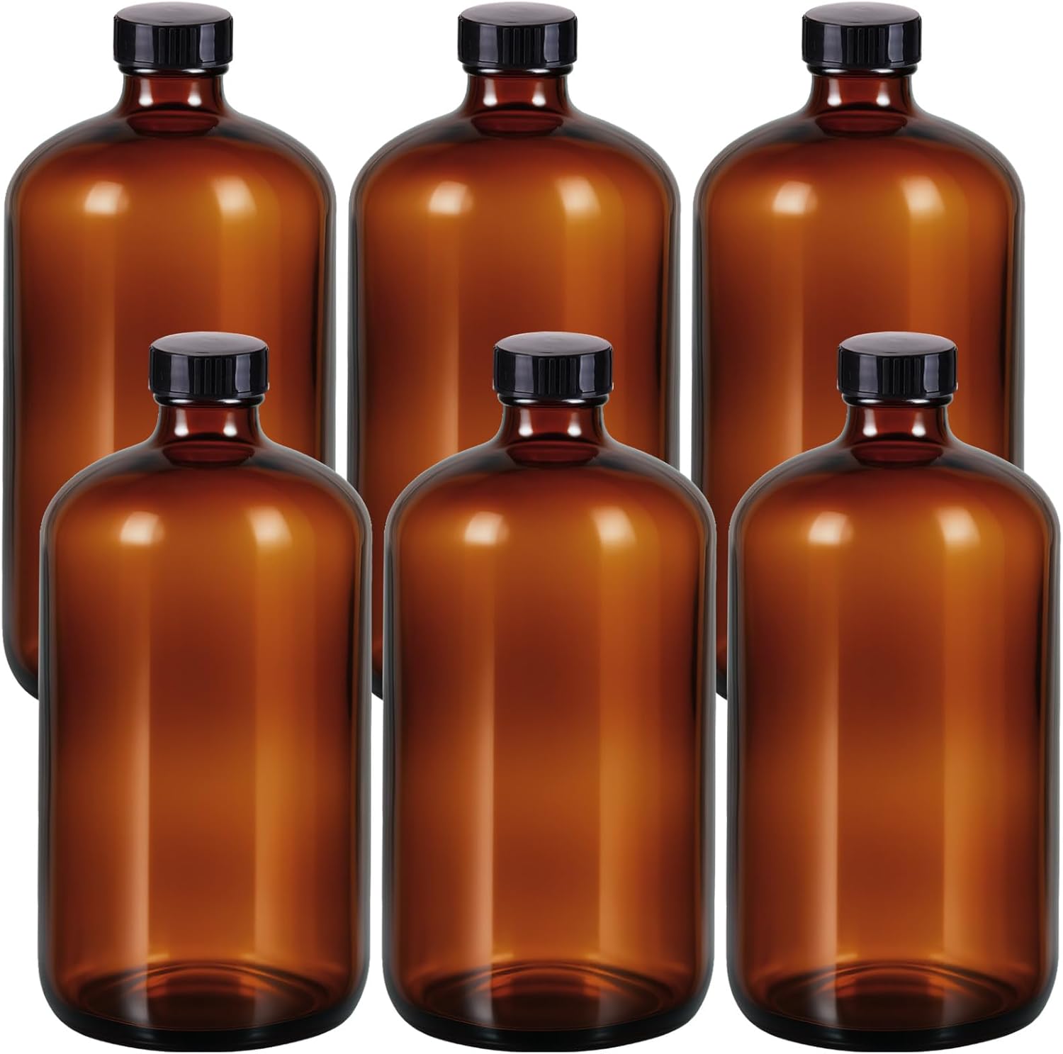 6 Pack 32 oz Amber Glass Bottles with Lids, Boston Round Glass Bottles with Black Caps for Secondary Kombucha Fermentation and Lab Chemicals