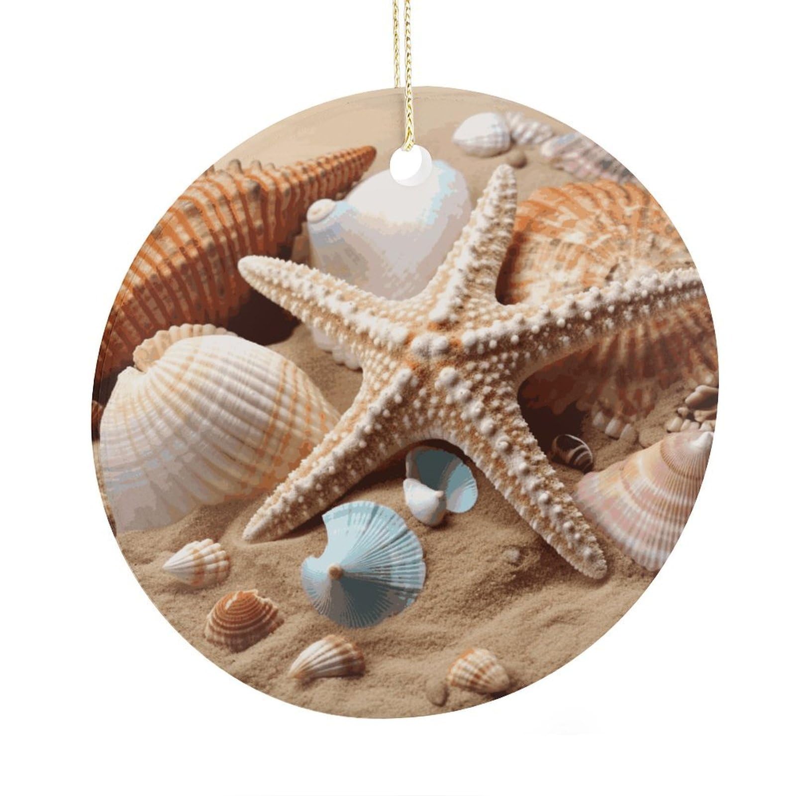 Adfgyerh Style Seashells Starfish Ceramic Circular Pendant,2.9 Inch，Hanging Ornament，Gift Exchange Idea Round Ceramic Ornament,For Mom And Daughter，For Home Indoor Outdoor Decor.