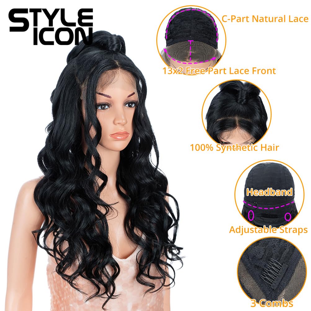 Style Icon Black Wig Lace Front Free Part Lace Frontal U Part Wig 24" Updo Long Wavy Wig With Bangs High Temperature Synthetic Wig (24 Inches, 1)