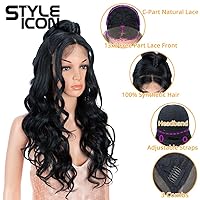 Vista 3 de Style Icon - Peluca de encaje frontal negra con parte libre, estilo U, de 24" de largo, ondulada con flequillo, sintética, resistente a altas 1