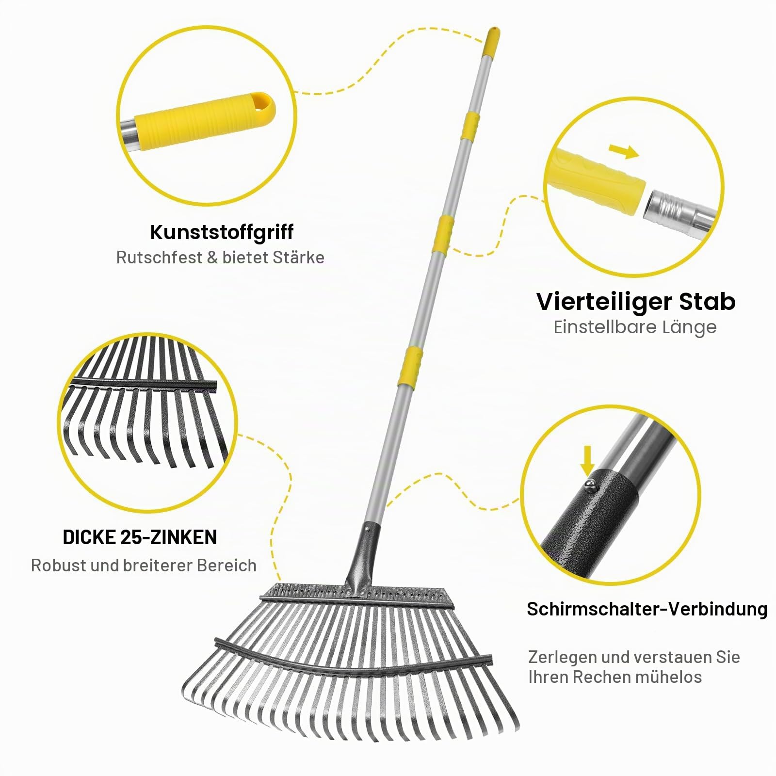 STANEW Laubrechen-Set mit Laubgreifer, 25 Zinken Metall Laubrechen Set mit Handschuhe, 60L Laubsack, Laubbesen 45 cm breit für Gartenarbeit Rasen Hof Sträucher Gras Busch