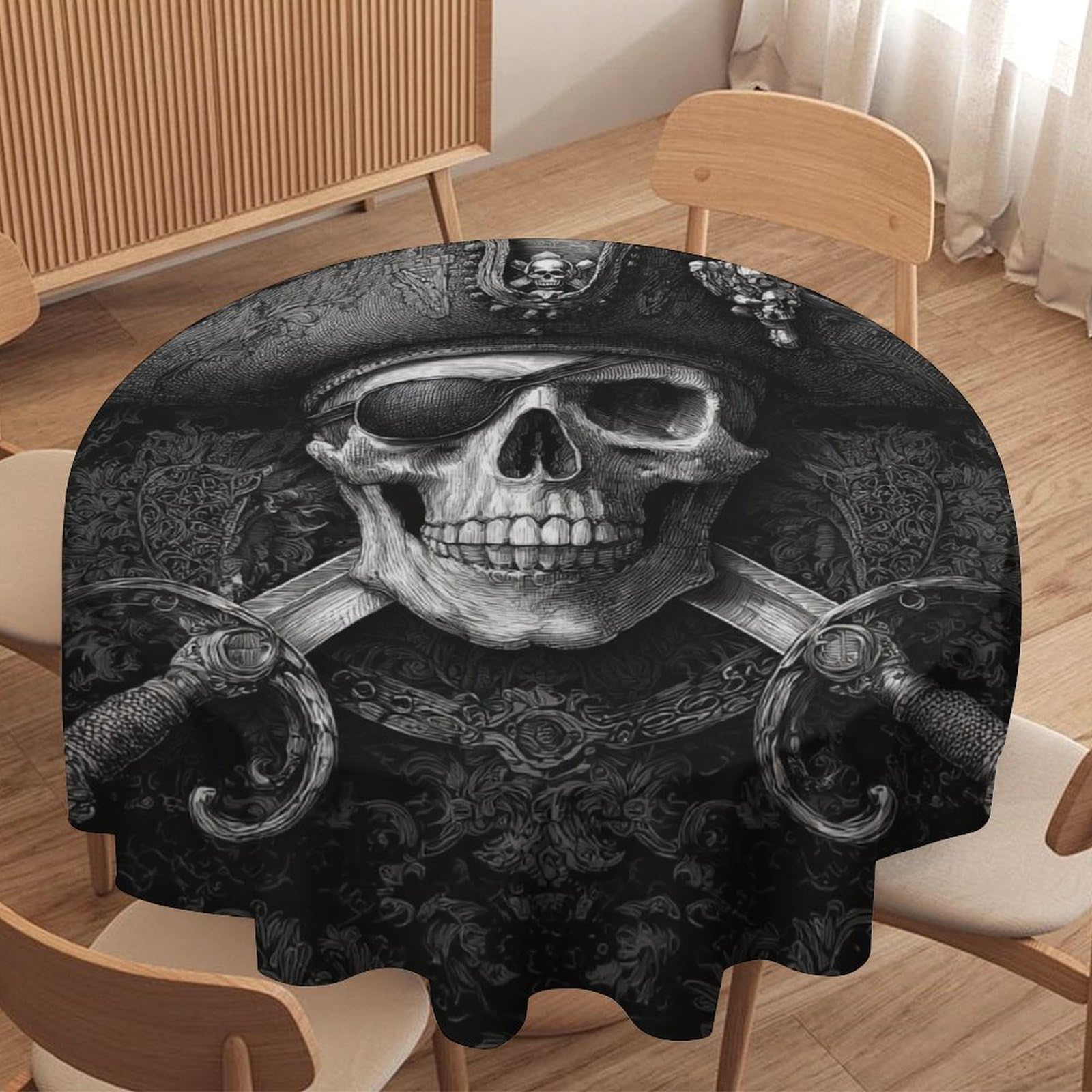 LUYYSKY Abstract Mid Century Viking Skull Waterproof Round Tablecloth Rustic Aesthetic Nordic Pirate Skull Skeleton Pattern Washable Table Cover for Kitchen-177.8" Wx177.8 L cm