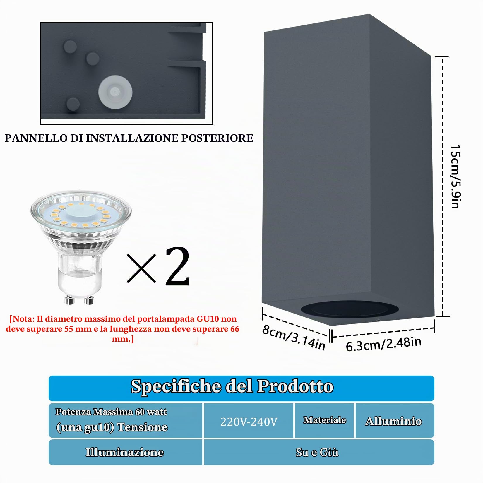 Aipsun 2 PCS Applique da Parete Esterno Interno Impermeabile IP65 Antracite | Attacco GU10 Lampade da Parete Moderno in Alluminio, Up&Down Lampada a Muro, Lampadina non Inclusa