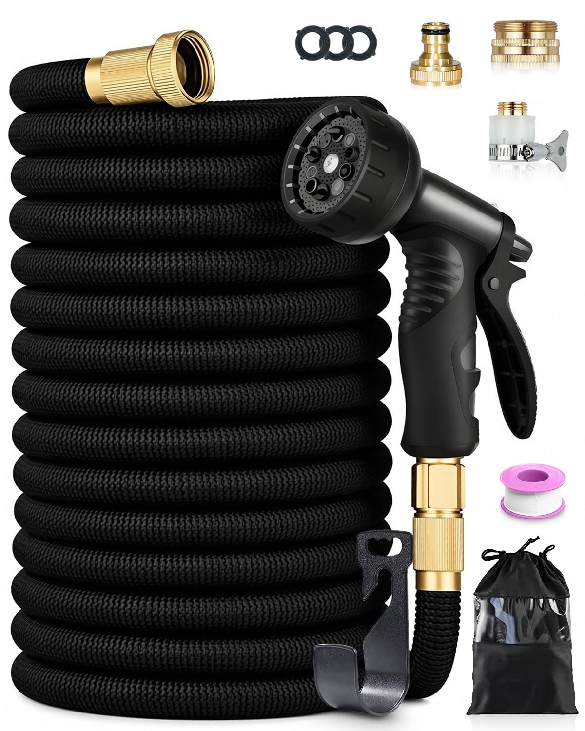 Expandable Water Hose Pipe 150FT/45M, Kink-Free Garden Hose with 10-Pattern Spray Nozzle, Durable 4-Layer Latex Core, Leak-Proof Construction, Universal Connectors for Garden Watering, Black