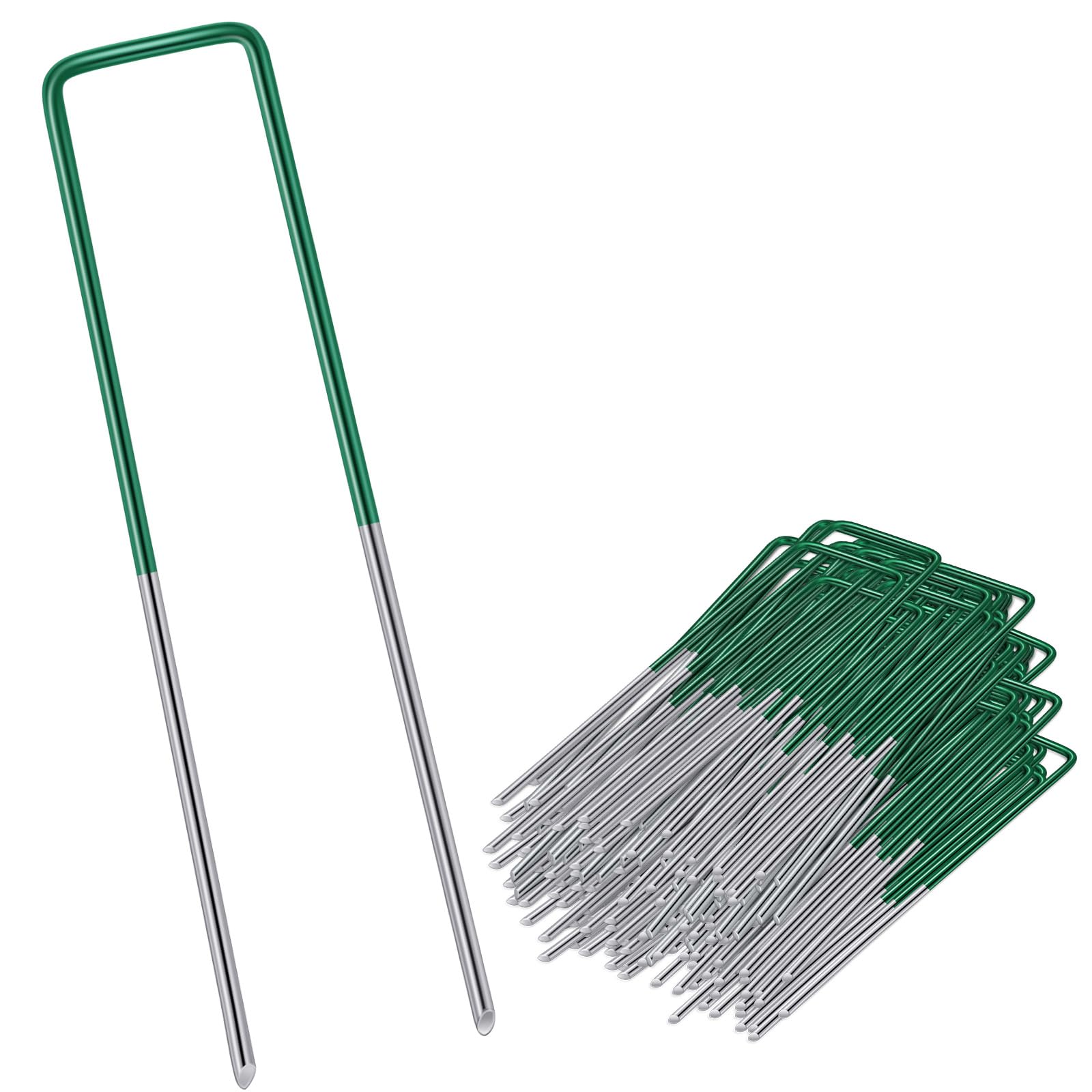 Garden Pegs Stakes for Netting U-Shaped Nail Pins for Weed Ground Pegs Tent Pegs Metal for Artificial Grass, Green Paint. (Half Green,50PCS)