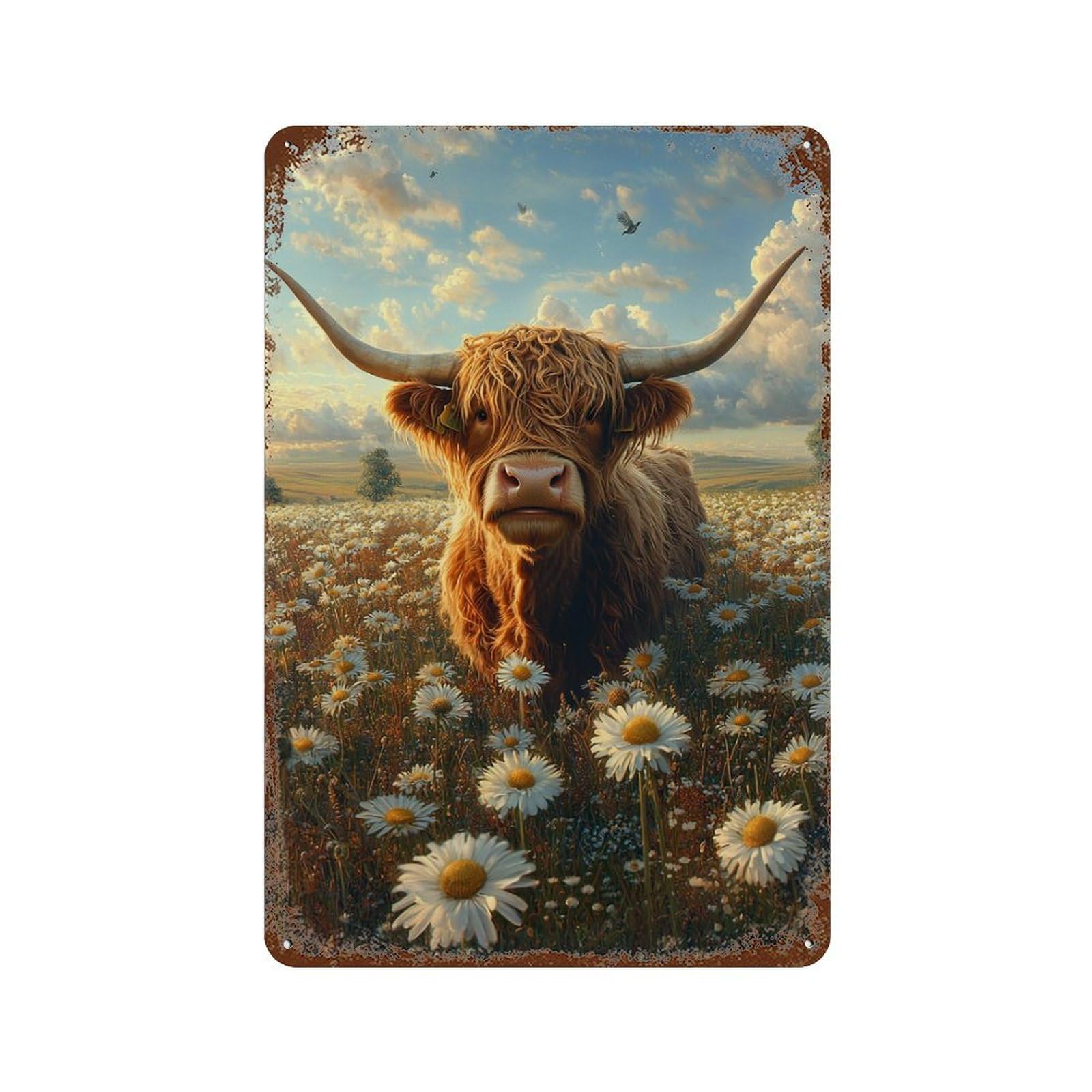 Highland Cow in Daisy Field-1 Rust Effect Tin Sign 11.8"x7.9", for Farmhouse, Kitchen And Entryway Decor, Decorative Metal Wall Art