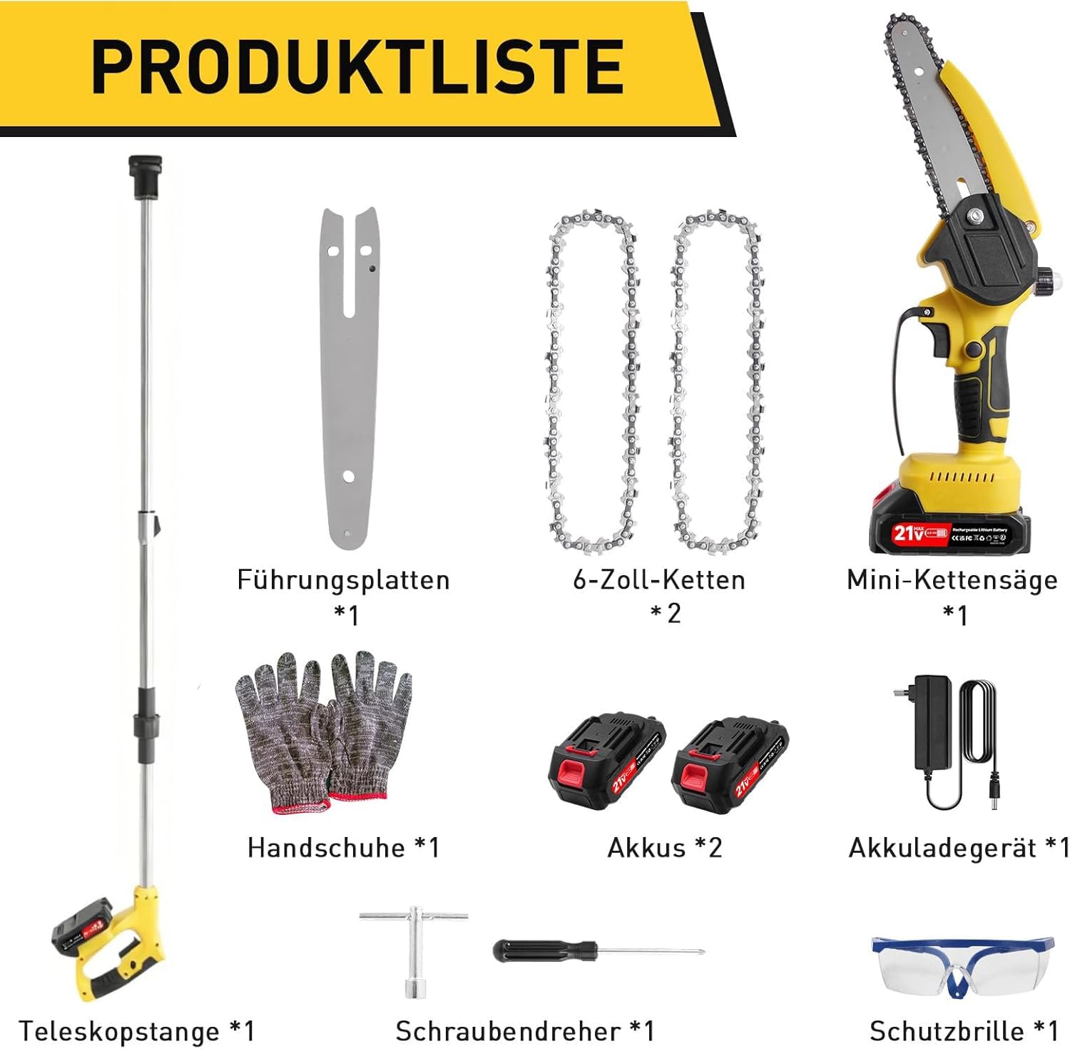 2 IN 1 Hochentaster Akku 2 x 2000mAh Profi-Astsäge Ast-Kettensäge | Elektro Kettensäge mit Teleskopstange 1.52-1.72m für Garten Astschnitt