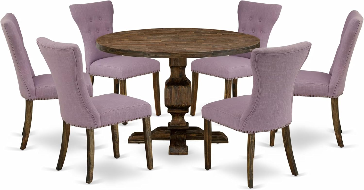 East West Furniture I3GA7-740 7 Piece Dining Table Set Consist of a Round Dining Room Table with Pedestal and 6 Dahlia Linen Fabric Upholstered Parson Chairs, 48x48 Inch, Distressed Jacobean