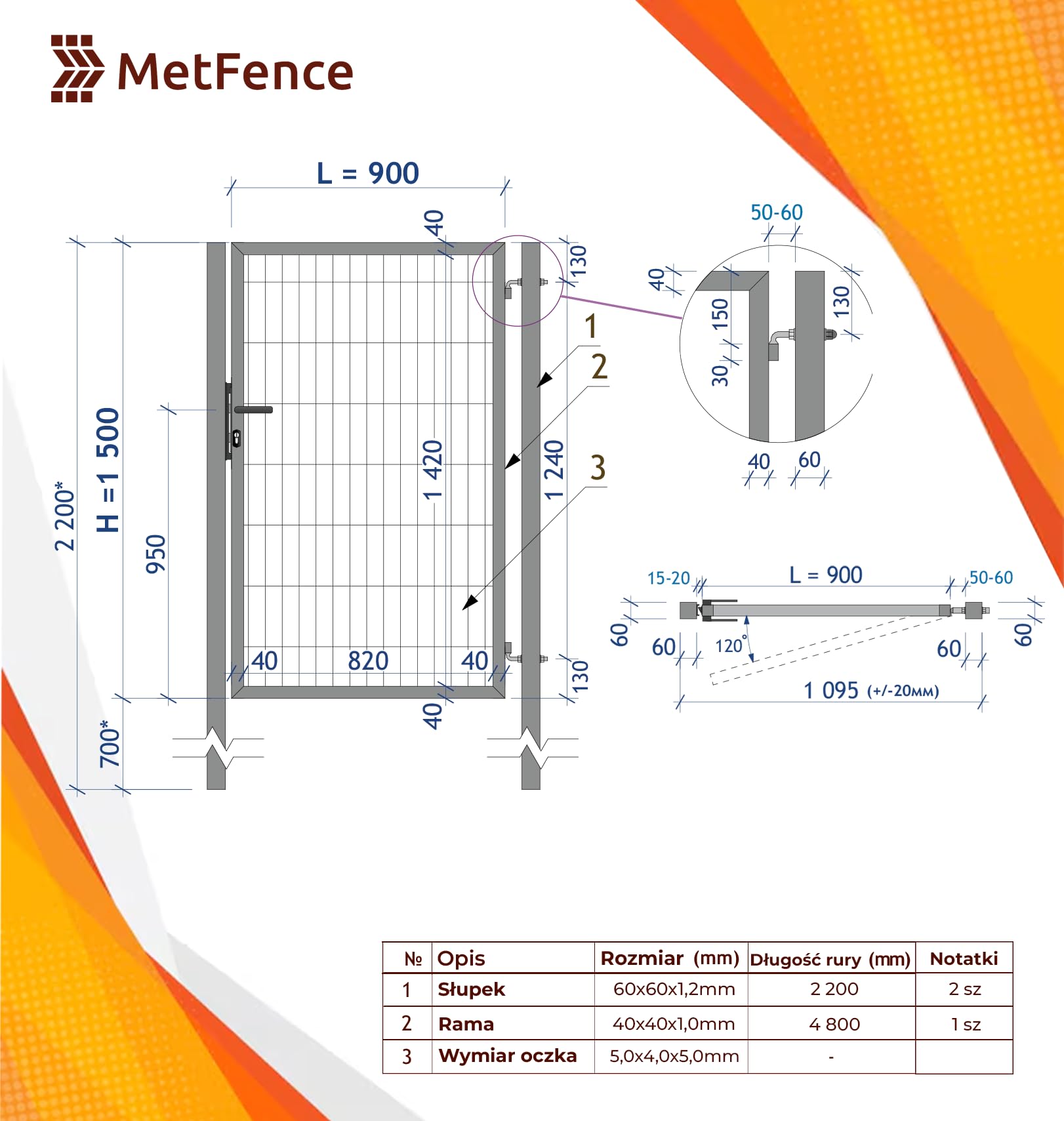 Furtka DUOS-BOX Ogrodzeniowa z Ocynkowanej Stali z Zamkiem i Uchwytem RAL 7016 ANTRACYT w Opakowaniu Rozmiar 1.50m / 0.90m Komórka 200 х 50mm Słupki Metalowe 2,2 m