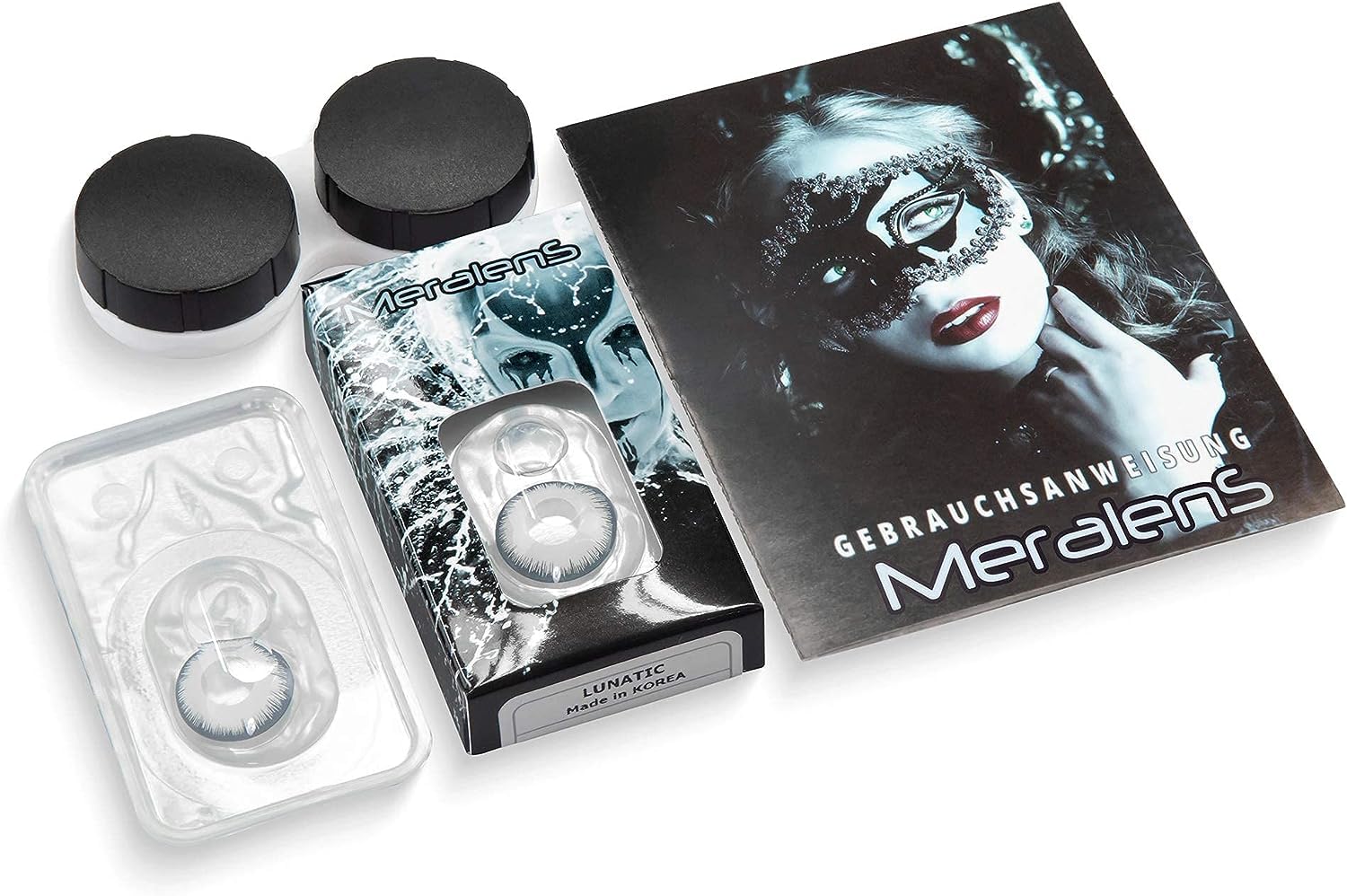Lentillas de color blancas negro Lunatic 1 par. Cómodas y perfectas para carnaval de Halloween, cosplay de anime, blandas, sin dioptrías + recipiente de lentillas, sin graduación
