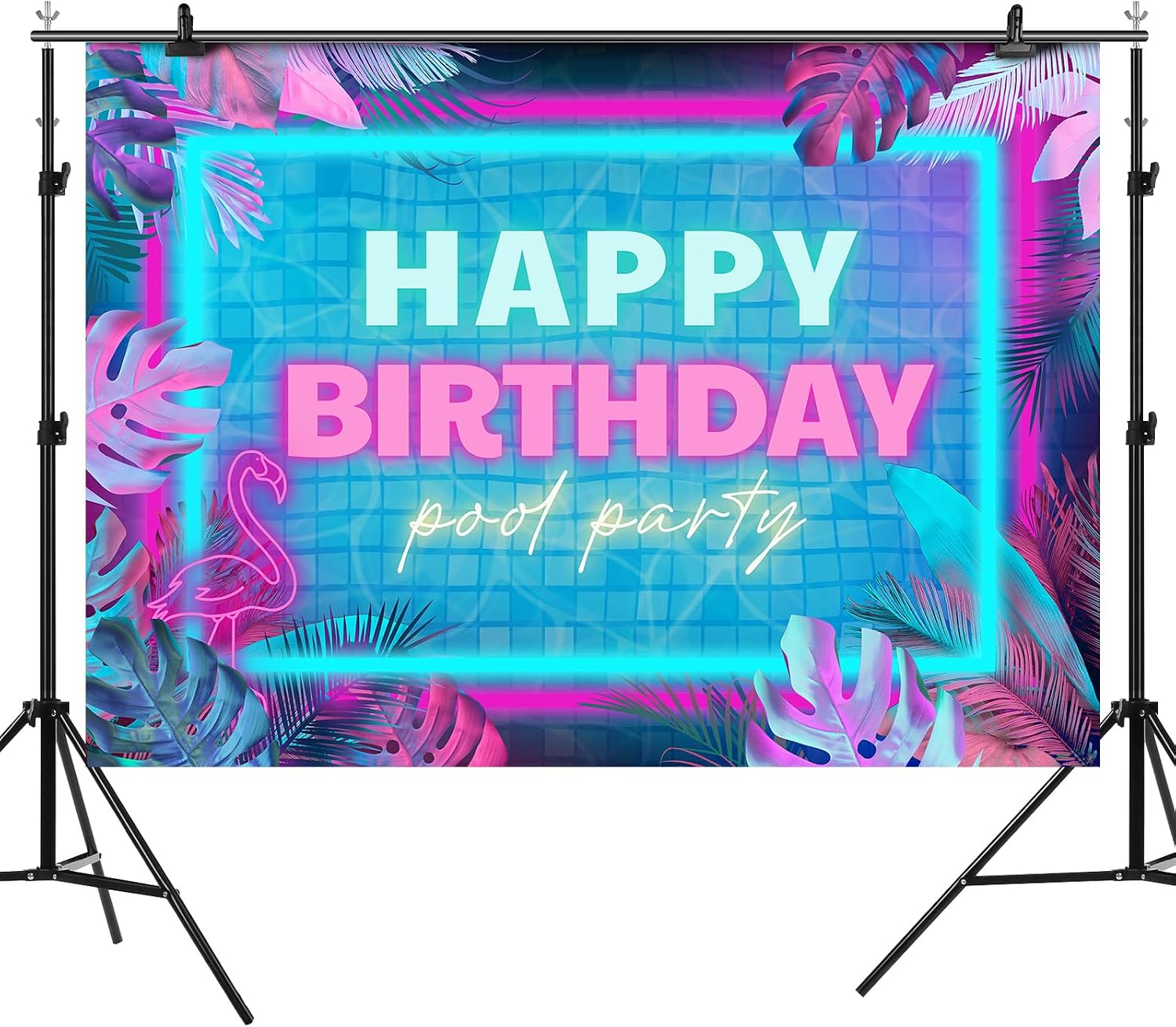 Happy Birthday Backdrop Summer Neon Swimming Pool Party Tropical Palm Tree Hawaiian Photography Background Happy Birthday Party Decoration Supplies Banner Favors Photo Booth Studio Props 7x5ft image 5