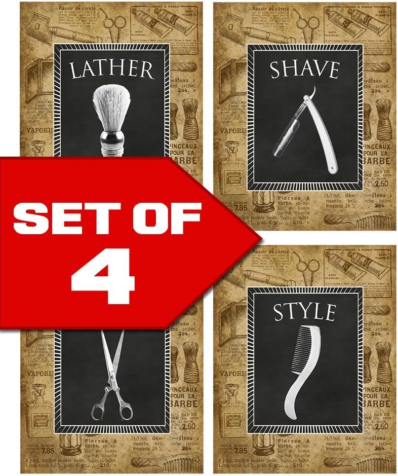 Wallables Vintage Barber Shop Theme! Set of Four Stylish 8x10 Mens Wall Decor Art Prints. Great for Bathroom, Bachelor Pad or Barbershop! Lather, Shave, Trim, Style Exclusively at