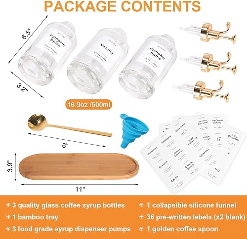 Miniatura 2 de Dispensador de jarabe de café para barra de café, dispensador de jarabe de vidrio de 16.9 onzas 500ml, con cuchara de café dorada, dispensador de