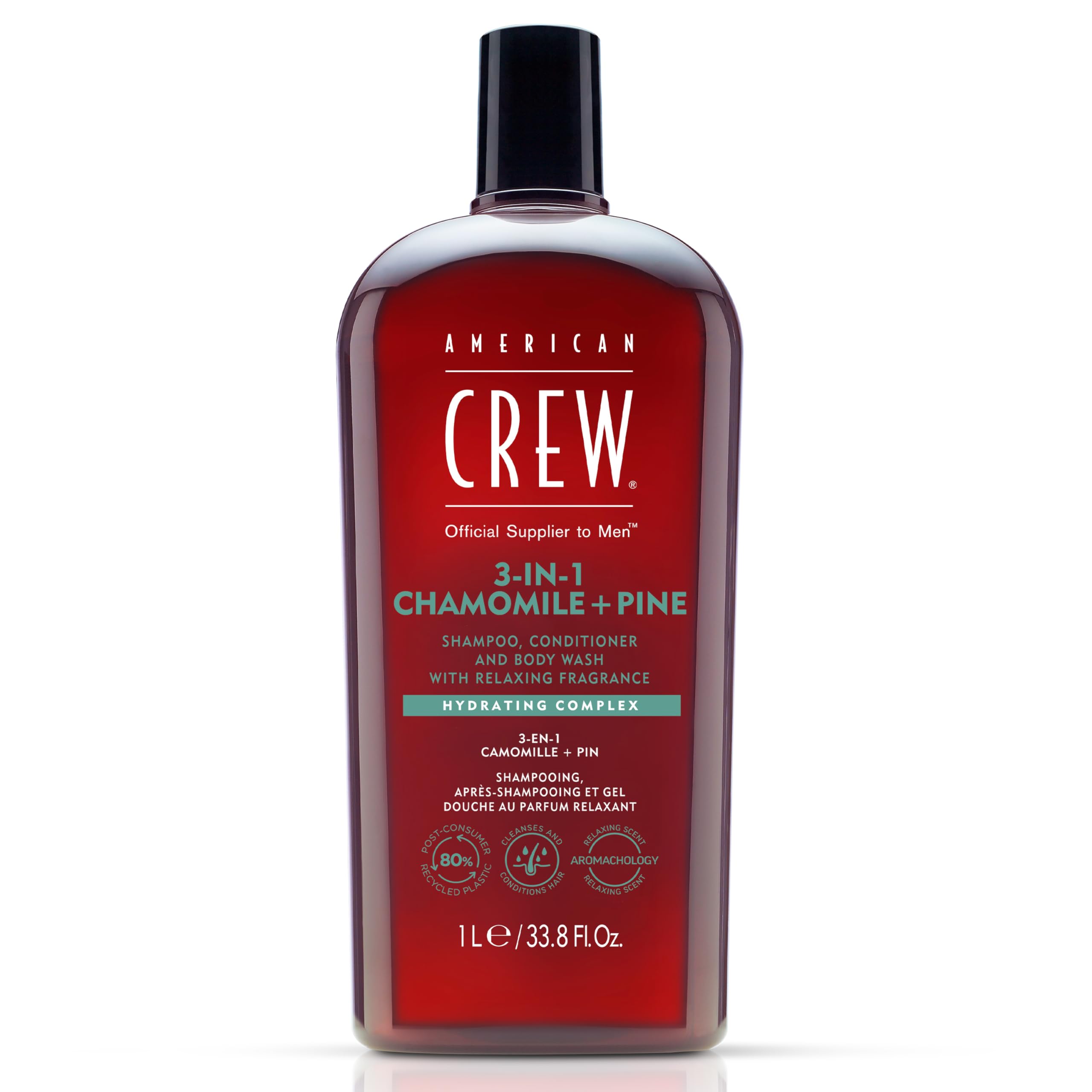 American Crew 3 en 1 Manzanilla y Pino, Champú Acondicionador y Gel de Ducha, Limpia e Hidrata el Cabello y Cuerpo, Mantiene y Repone la Barrera de Hidratación, Aroma Tranquilizante y Relajante