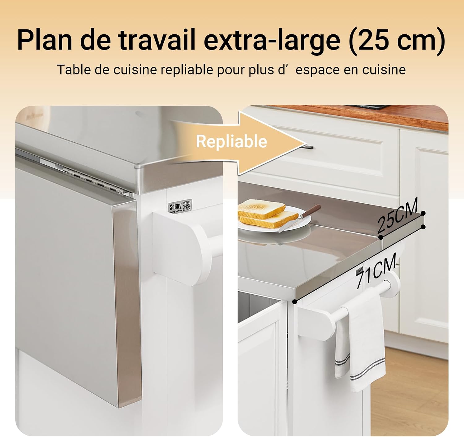 Image showing the extendable countertop of the kitchen island, folded and extended.