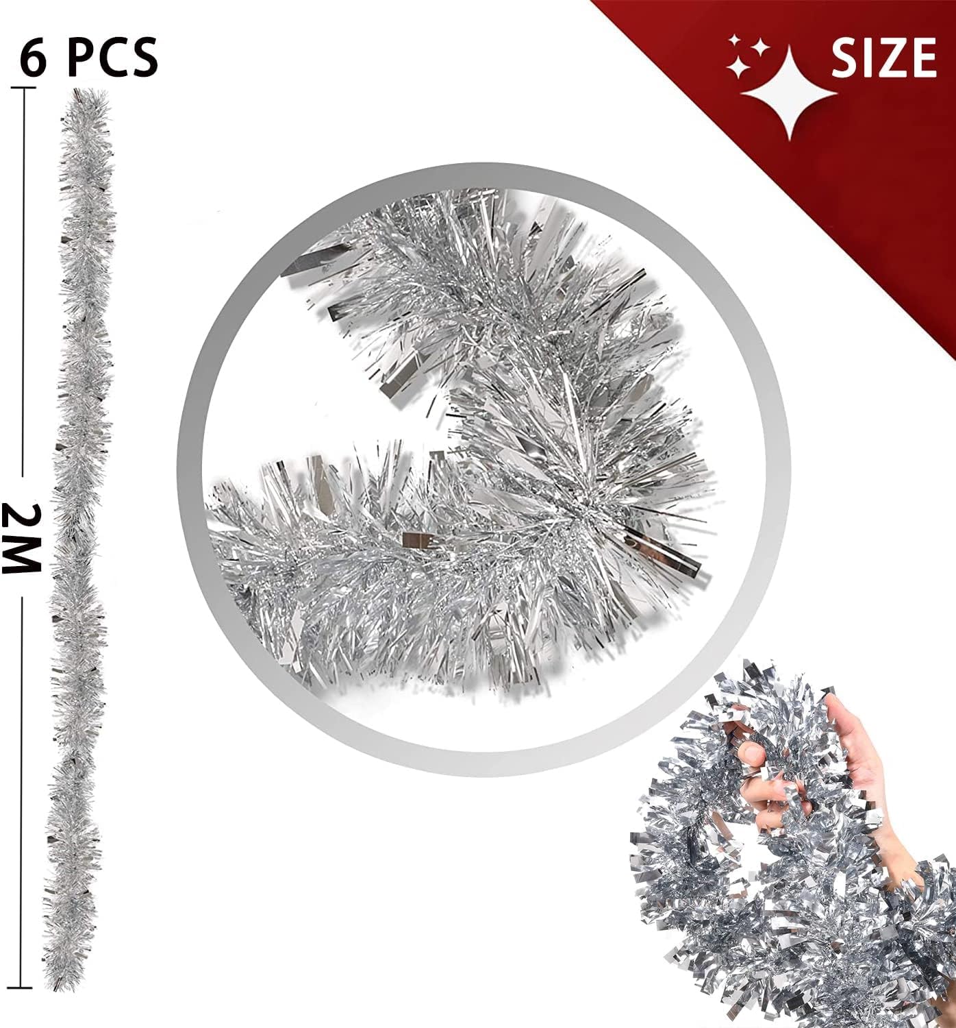 Ghirlanda Di Orpelli per Albero Di Natale Da 6 Pezzi, Ghirlanda Di Decorazioni Natalizie 2m, Ghirlanda Di Decorazioni per Albero Di Natale, Ghirlanda Di Natale (Argento)