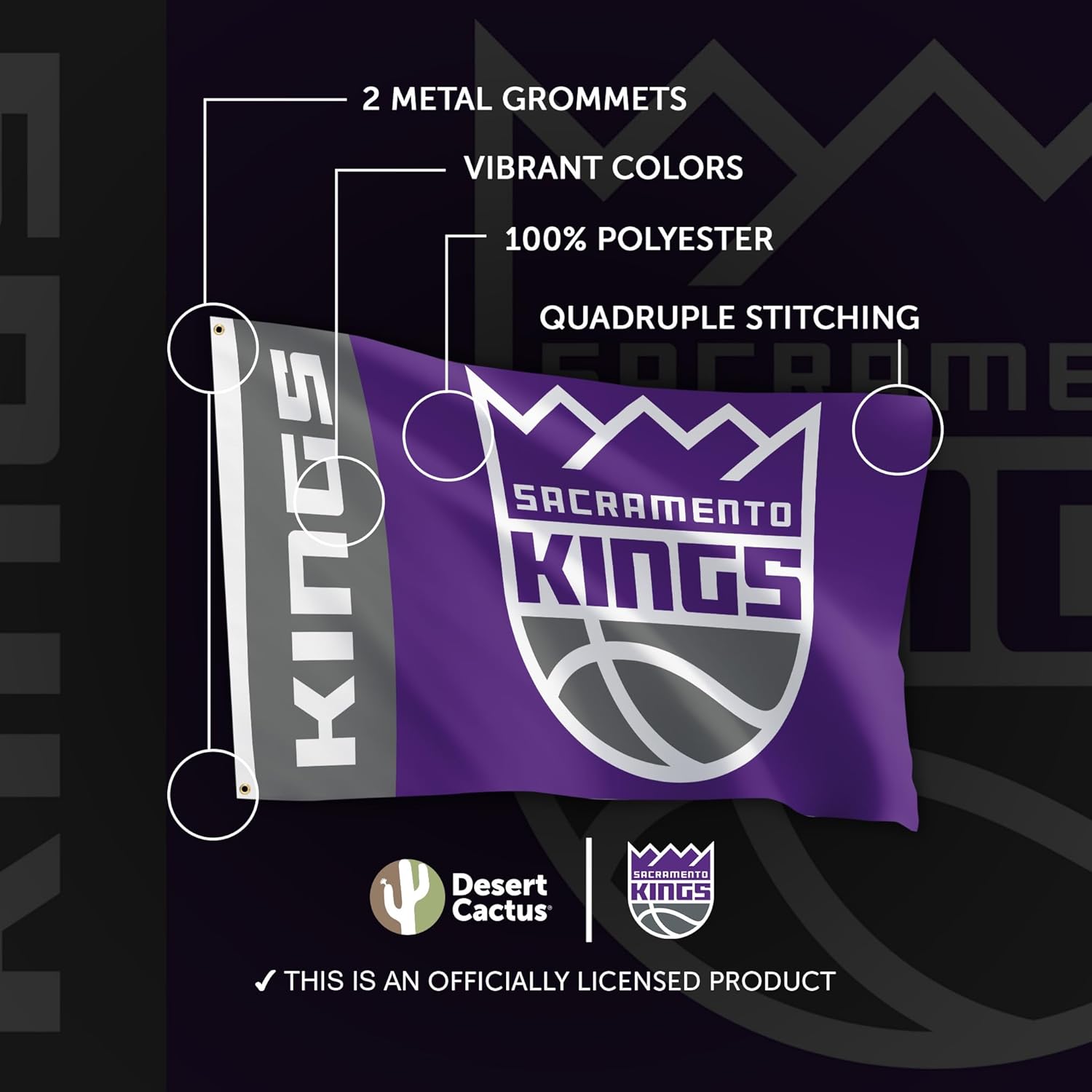 Desert Cactus Sacramento Kings Flag NBA 100% Polyester Indoor Outdoor 3x5 feet National Basketball Association Team Flags (Team Name) - Image 4