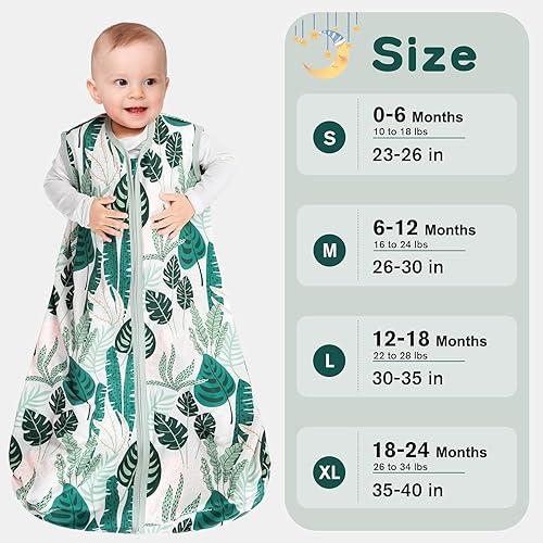 Miniatura 6 de Paquete de 3 Saco de dormir para bebé de 0 a 6 meses, 100% algodón rayón, con cremallera de 2 vías, cómoda, elástica, ligera, TOG 0.3 (banana, hoja