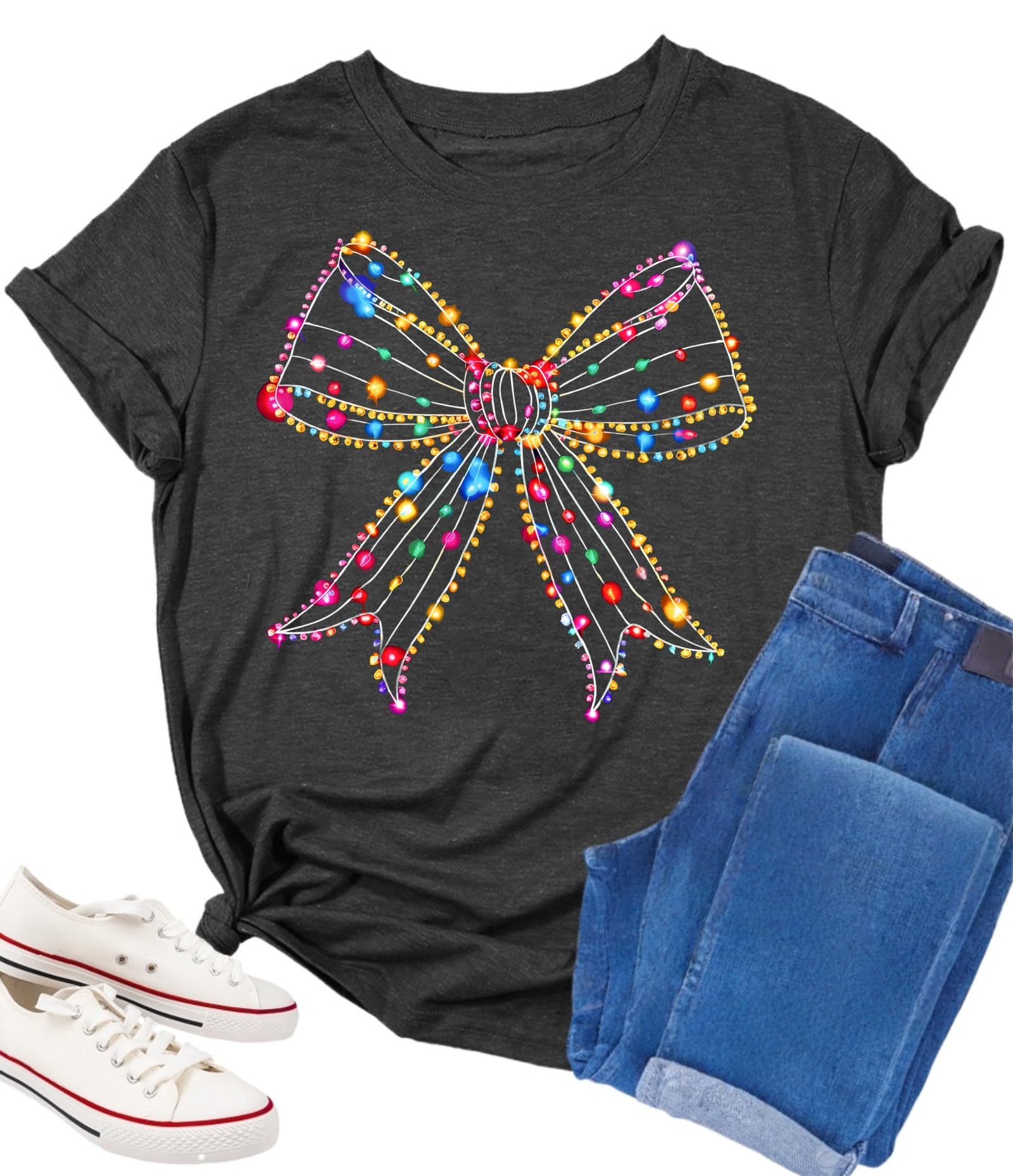 Christmas Shirts for Women Bow Christmas Tee Coquette Bow Shirt Xmas Lights Tshirt Holiday Vacation Casual Outfit