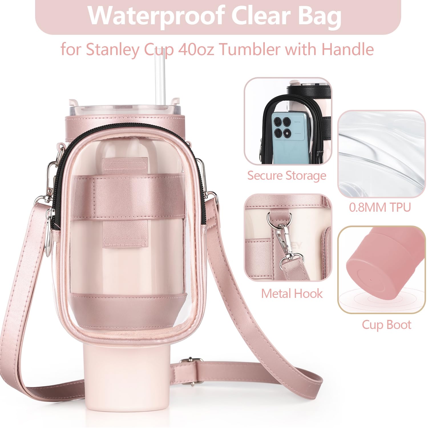 COSHONWOL Clear Water Bottle Carrier Bag with Phone Pocket for Stanley Cup 40oz,with Adjustable Shoulder & Handheld Strap Stanley Cup Accessories Edging for Concert Sports (Pink)