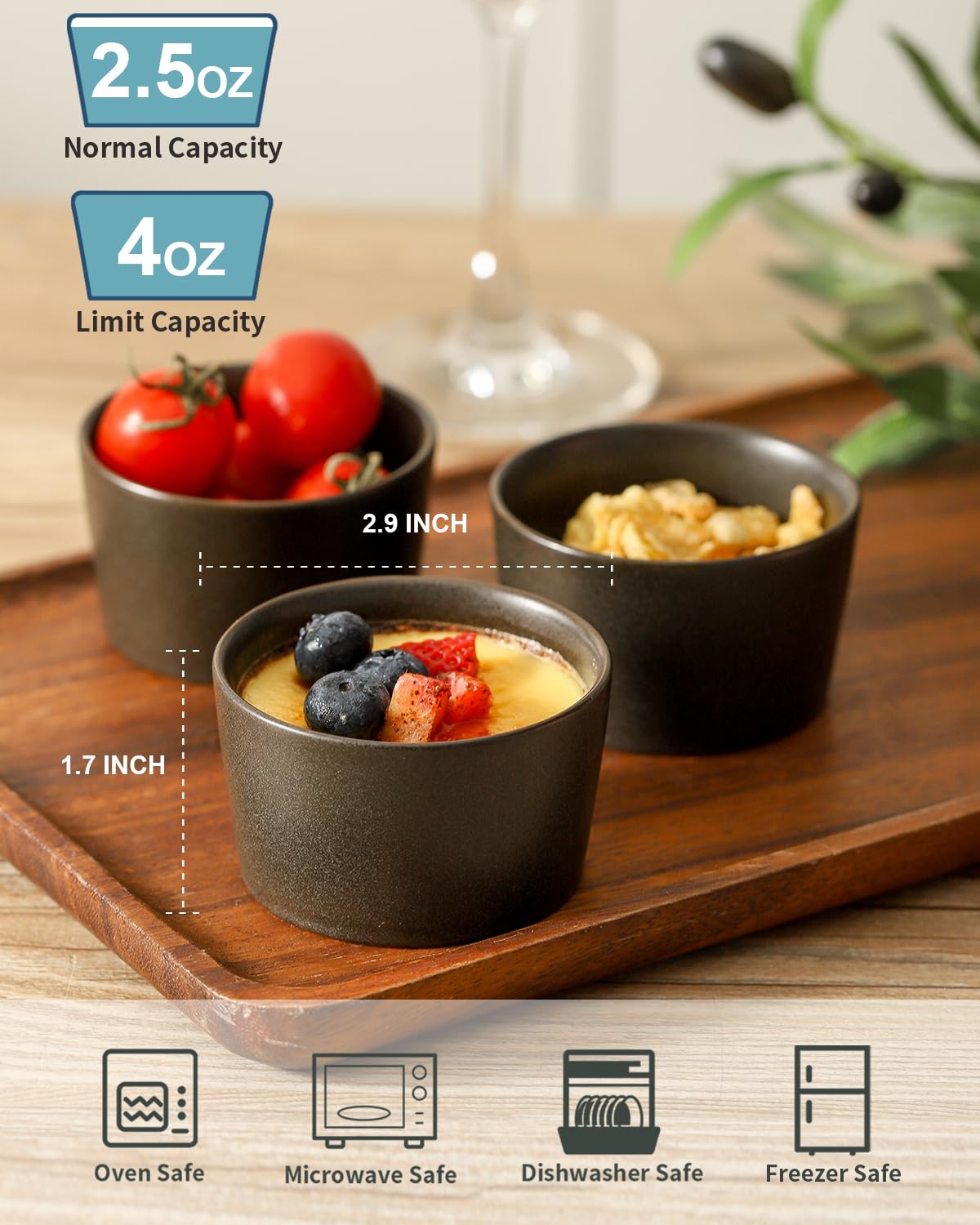 Tikooere Ramekins 2.5 oz, Oven Safe Soufflé Dishes for Creme Brulee, Souffle, Pudding, Ice Cream, Stoneware Custard Cups for Baking, Small Ceramic Bowls Set of 6, Kitchen Decor Gift, Matte Black