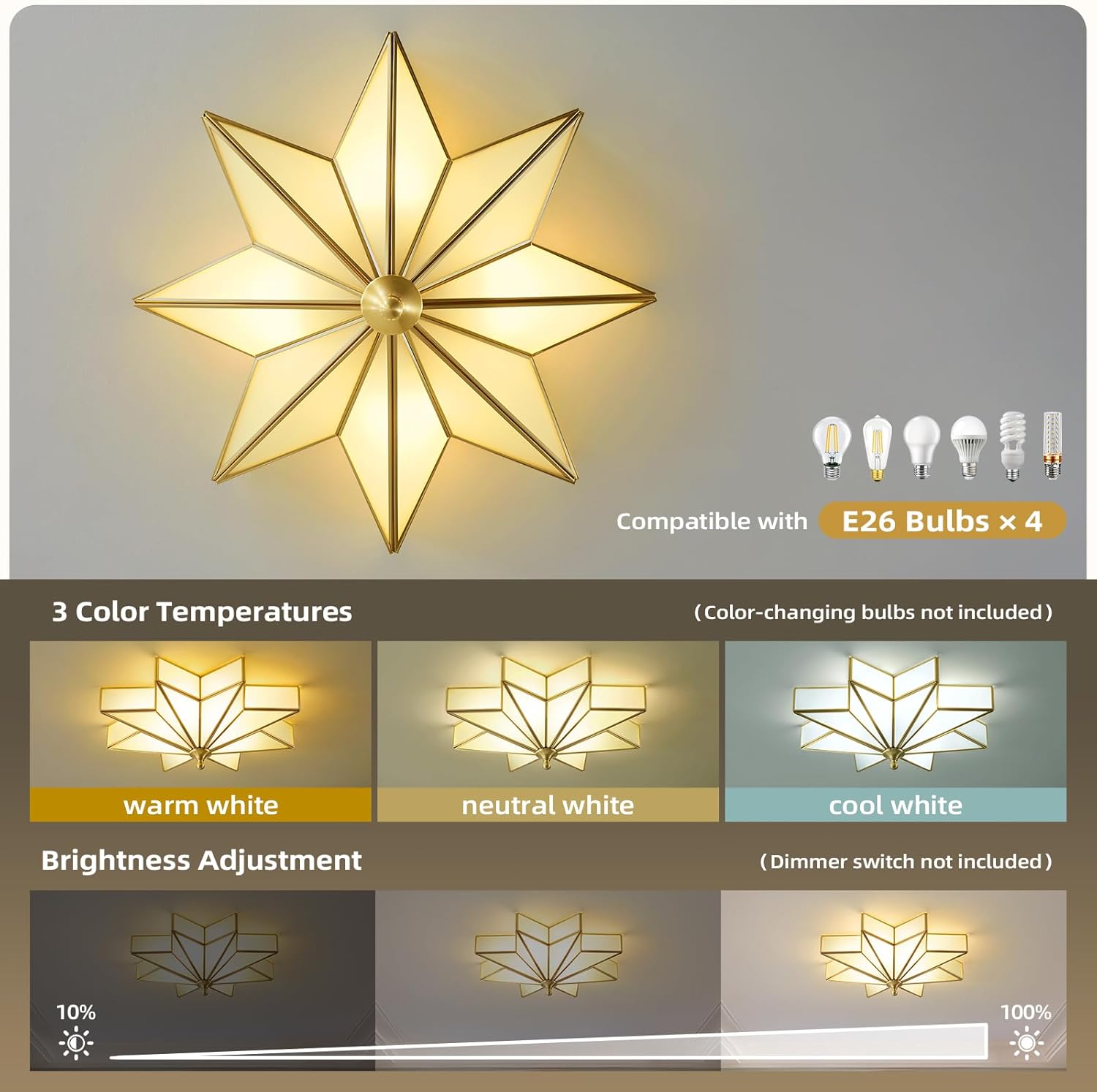 Star Brass Vintage Ceiling Light - 19.7 in Large Milk Glass Antique Brushed Gold Flush Mount Fixture, Mid Century Art Deco Overhead Lighting for Kitchen Hallway Bedroom Bathroom Laundry Entryway Hall