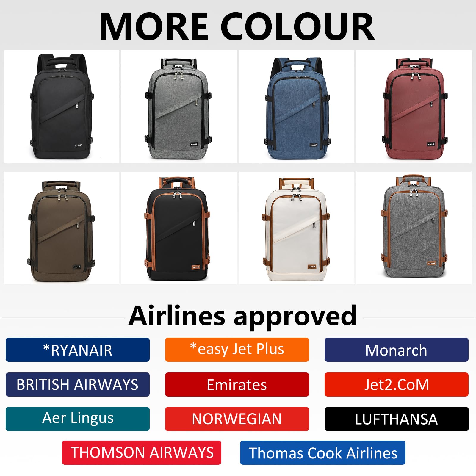 KONO Zaino da Viaggio Bagaglio a mano 55x20x35 Borsa da viaggio per Laptop(Rosso, 38L)