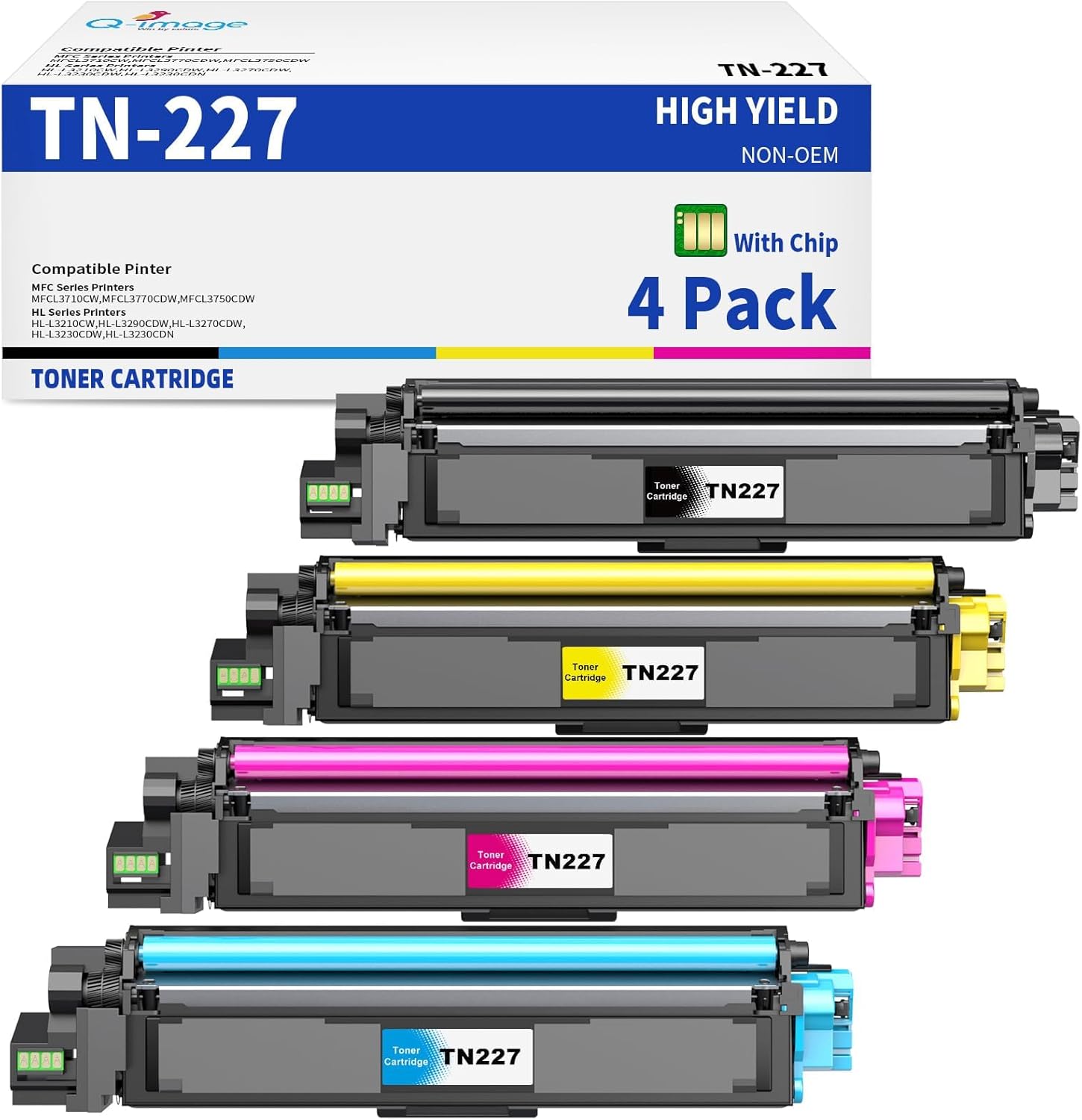 Q-image TN227 TN-227 High Yield Toner Cartridge Compatible TN227 TN227BK TN223 TN-227BK/C/M/Y work with Brother MFC-L3770CDW MFC-L3710CW HL-L3290CDW HL-L3210CW HL-L3230CDW Printer(4 Pack)