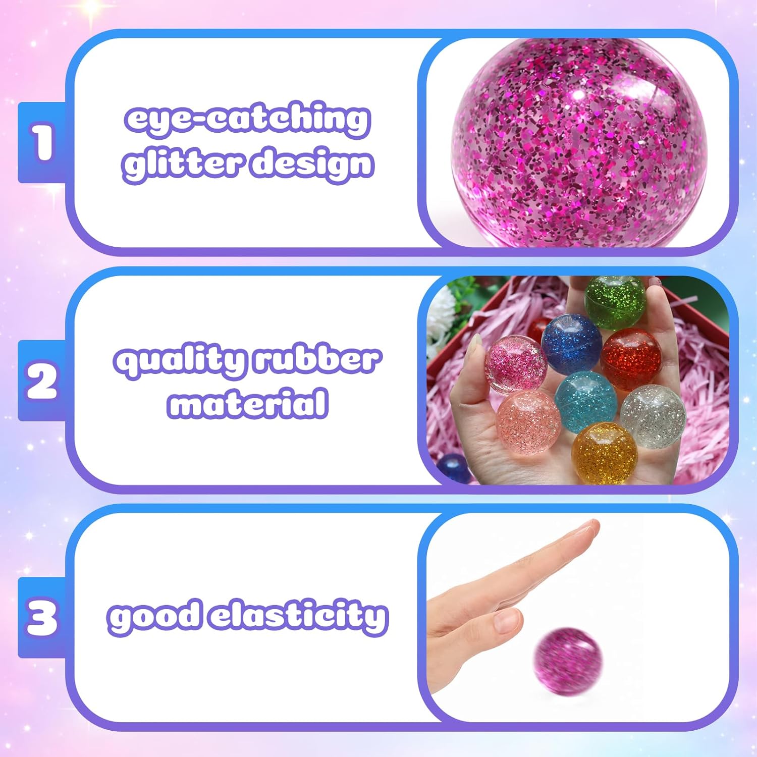 24 Pcs Bouncy Balls 32mm Glitter Rubber Bouncy Balls Bulk for Party Favors, Classroom Prizes and Birthday