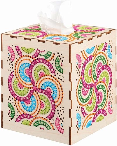LEISURE ARTS Kit de arte de cuerda cosida de madera con caja de pañuelos cuadrada, kits de costura de madera para bordado de manualidades, perfecto