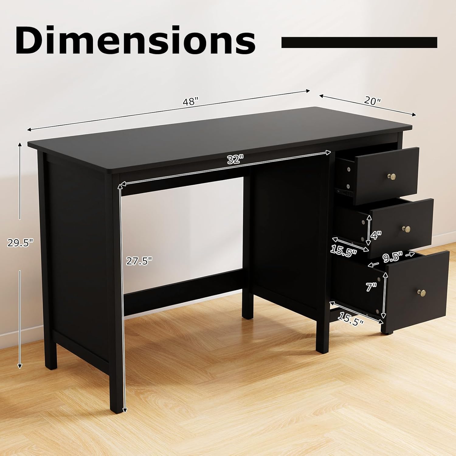 Detailed dimensions of the Tangkula Black Desk, showing width, depth, and height measurements.