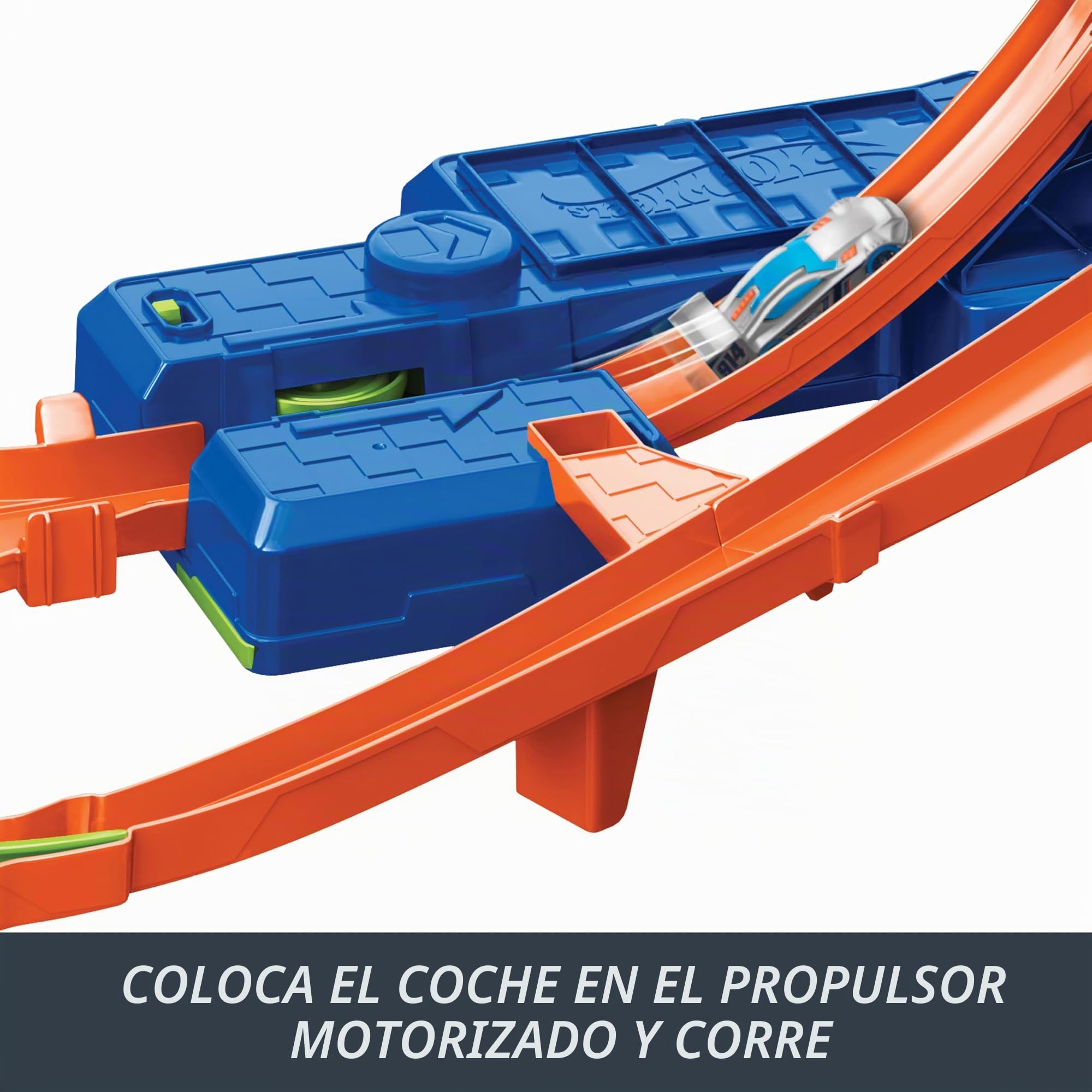 Hot Wheels Conjunto de Pista y Coche de Juguete, Pista de Acrobacias con Choque en el Aire, Incluye un Coche metálico a Escala 1:64 con propulsor motorizado para Correr y Realizar Acrobacias, JFD12