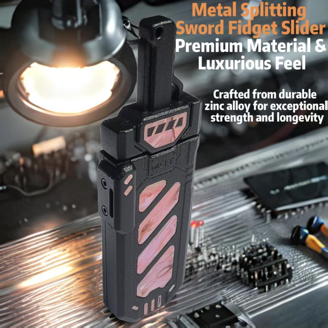 Metal Splitting Sword Fidget Slider - Zinc Alloy 6-Gear Dual Action, Tactile Click Focus Tool for Adults, Office Desk Gift w/Crisp Ejection (Black+Pink Mother-of-Pearl Inlay)