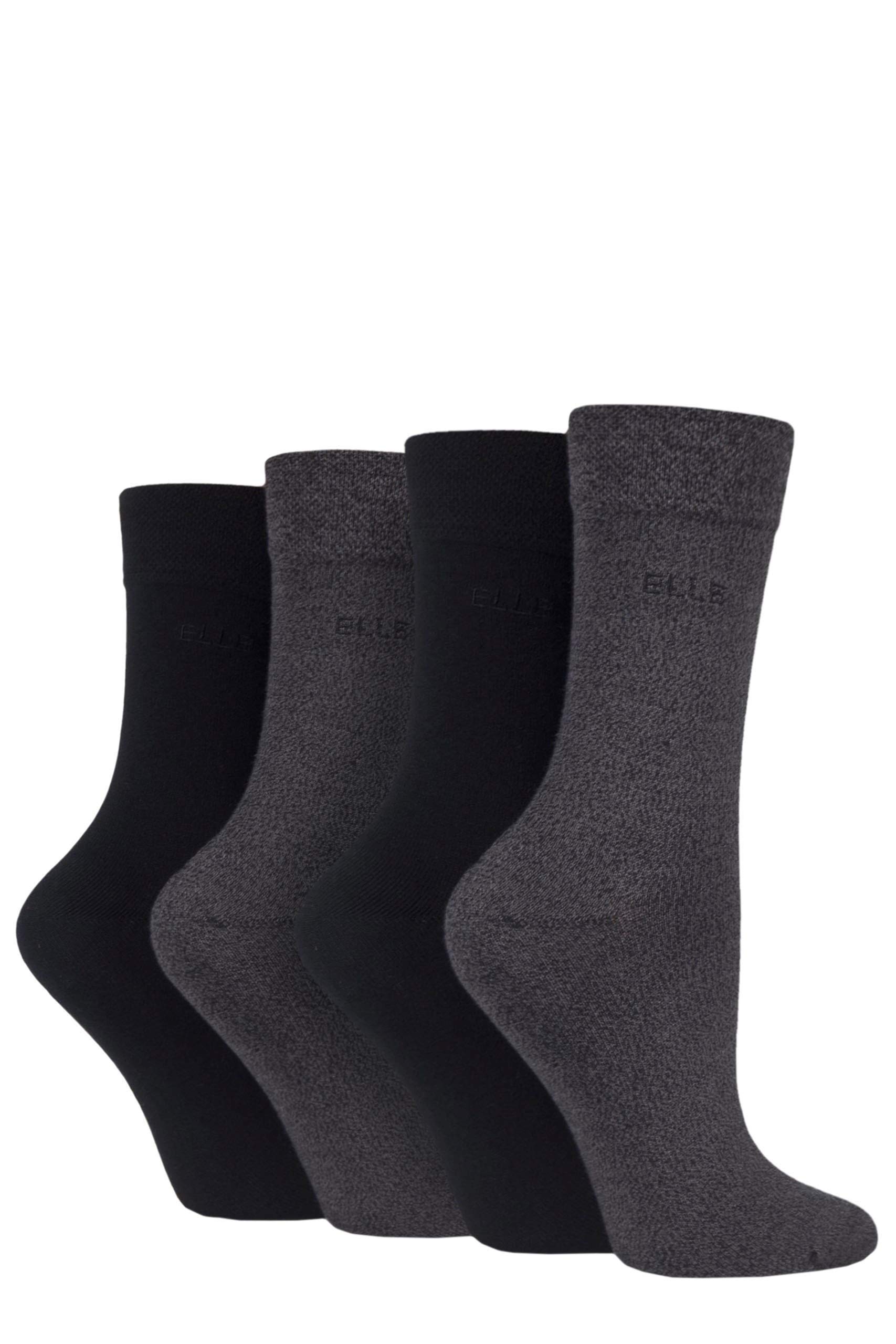 ELLE Ladies Bamboo Fibre Socks - Plain, Striped & Patterned Casual Day to Day Socks in a Multipack of 4 Size 4-8 Grey 4-8