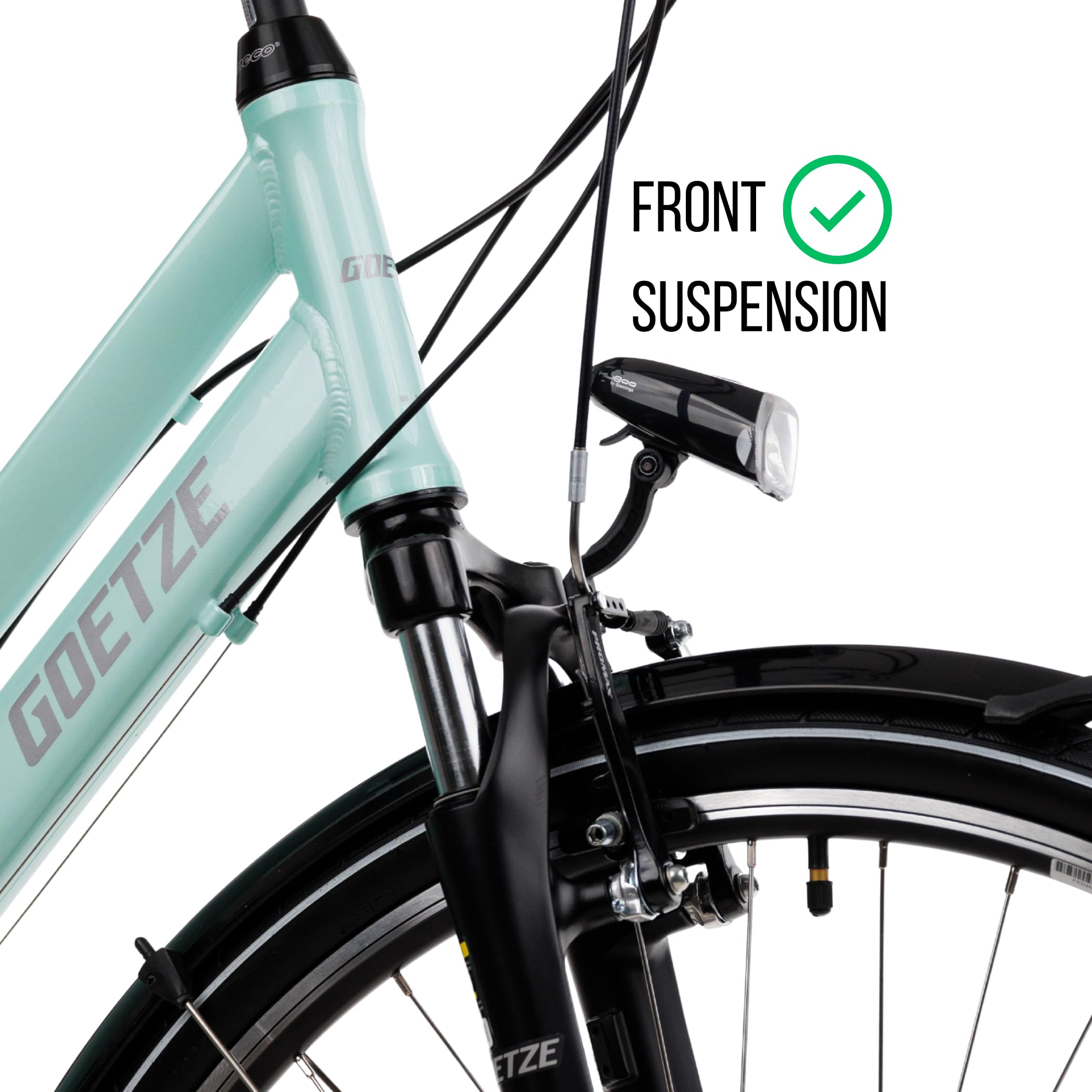 Goetze Picnic 28 Zoll Damen Trekkingrad, Aluminium Rahmen 17/19 Zoll, Shimano 21-Gang Schaltung, Federgabel, Verstellbarer Vorbau, Gefederte Sattelstütze, LED-Beleuchtung, Gepäckträger
