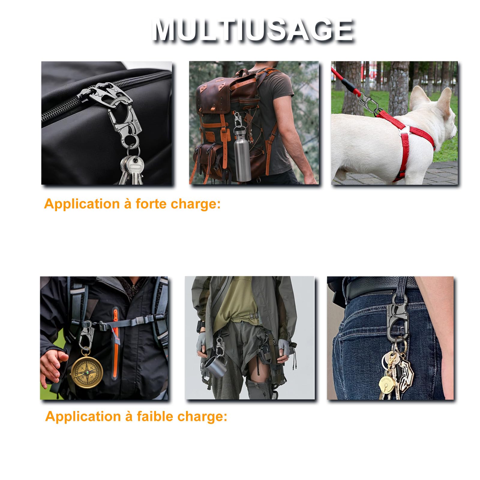Ahiller Mousqueton Porte-Clés 7,6cm - Double Verrouillage Alliage Robuste - Pointe Acier Tungstène - Multifonction pour Camping Randonnée Survie