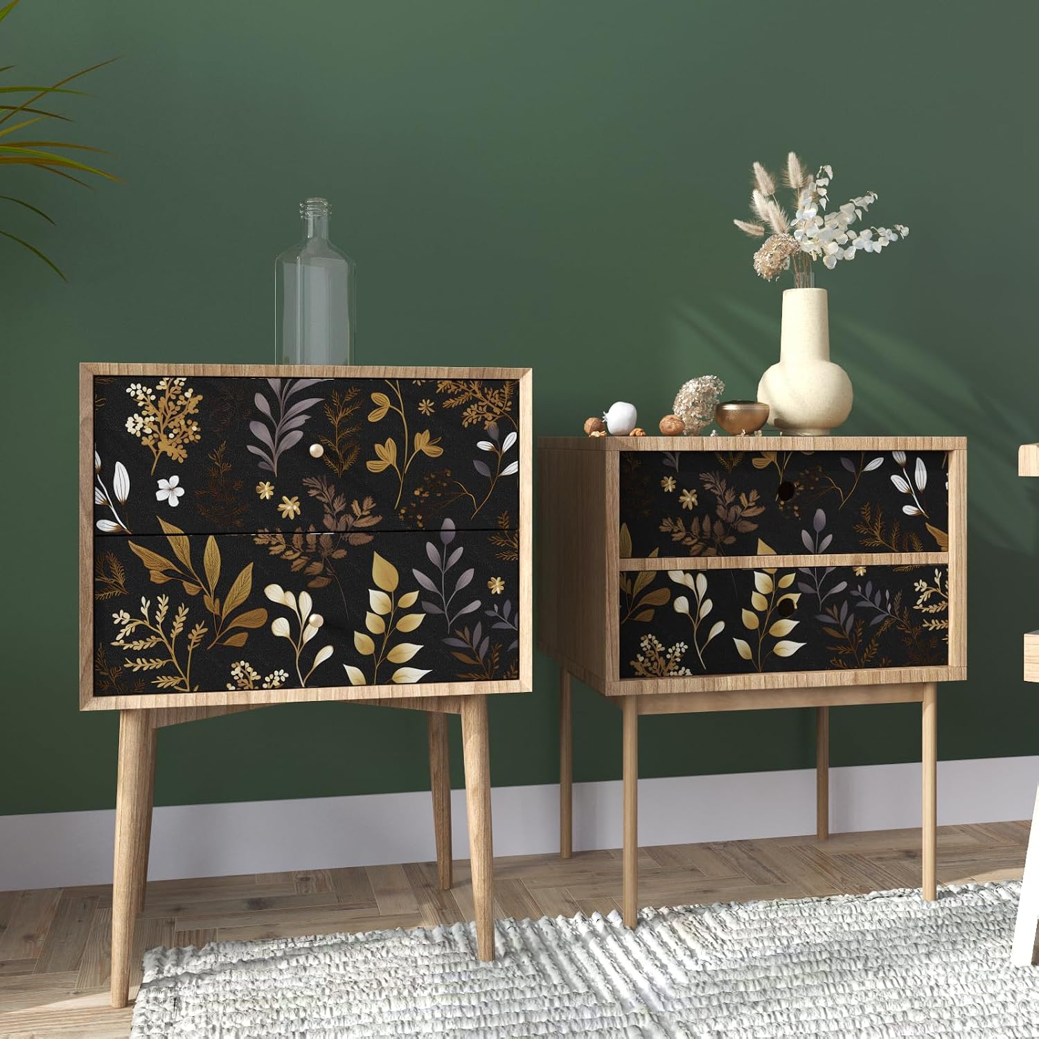 BOKEBEVE Extra Long Dark Black Yellow Wallpaper Peel and Stick Boho Contact Paper Vintage Leaves Floral Wallpaper for Shelves Liner Cabinet Home Decor Wall Mural Vinyl Removable 17.5 x 393.5In
